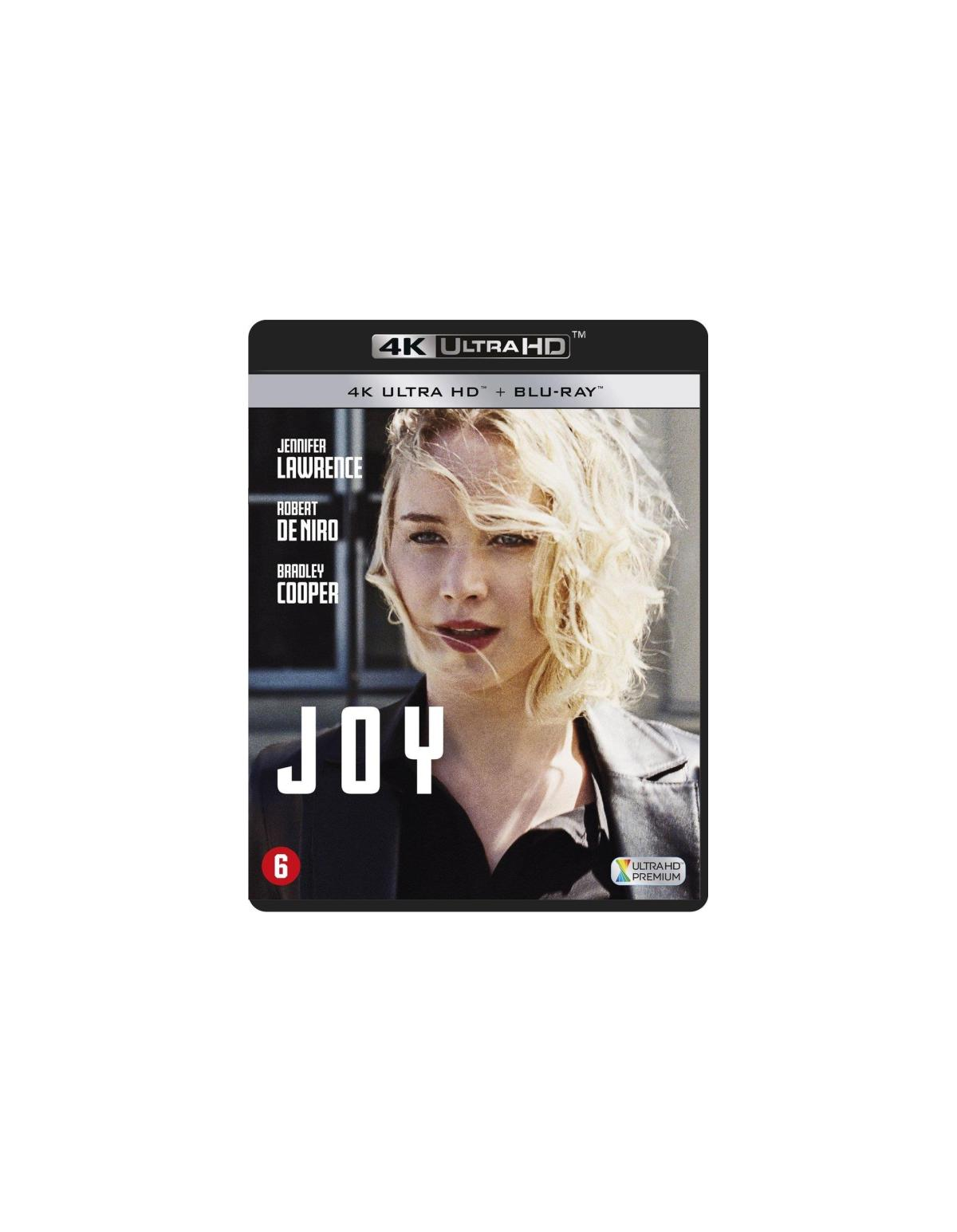 Couverture DVD de 'Joy', avec Jennifer Lawrence, du texte et une classification 6.