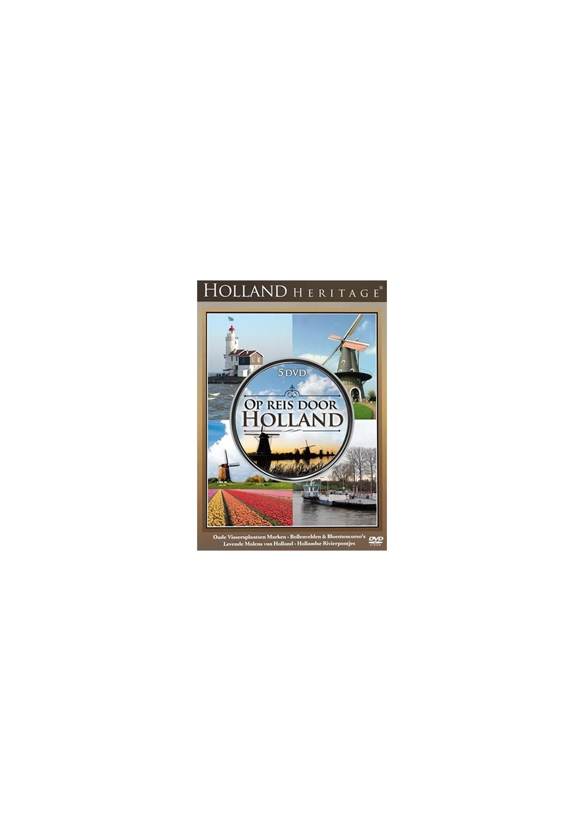 DVD-hoes met verschillende afbeeldingen van Holland; windmolens, tulpen en grachten. Tekst luidt 'Op Reis Door Holland'.