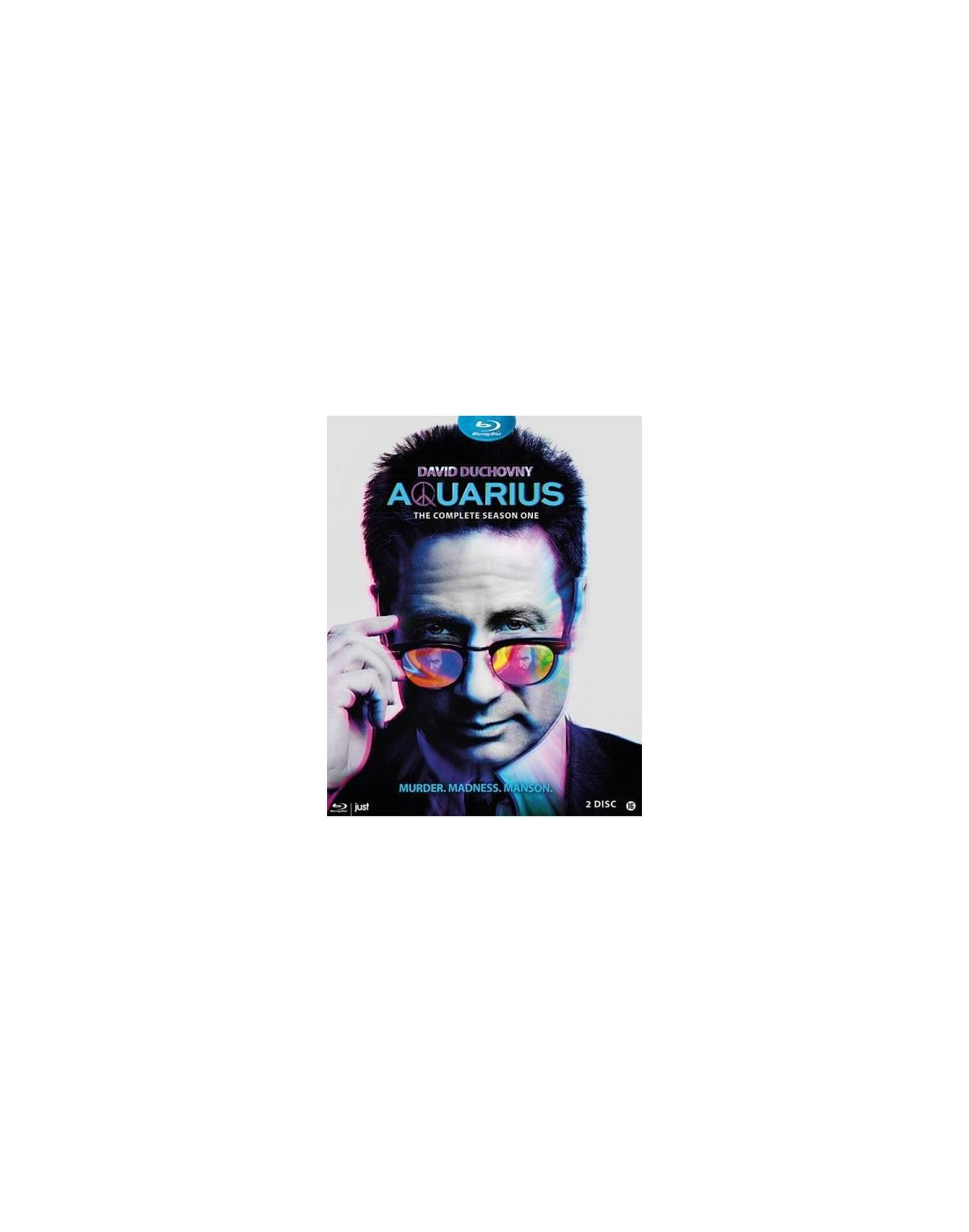 Affiche de film, David Duchovny portant des lunettes. Titre 'Aquarius'.