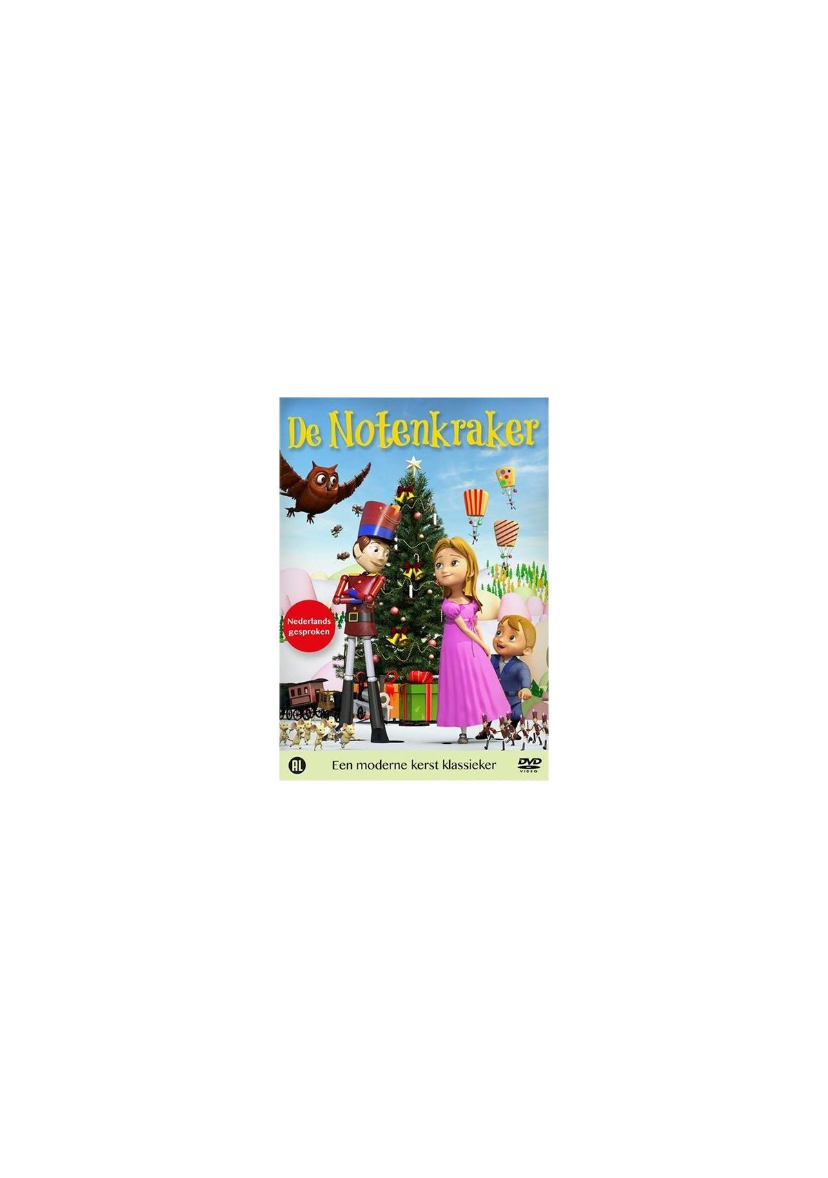 De Notenkraker filmposter. Tekenfilmfiguren, kerstboom, sneeuw.