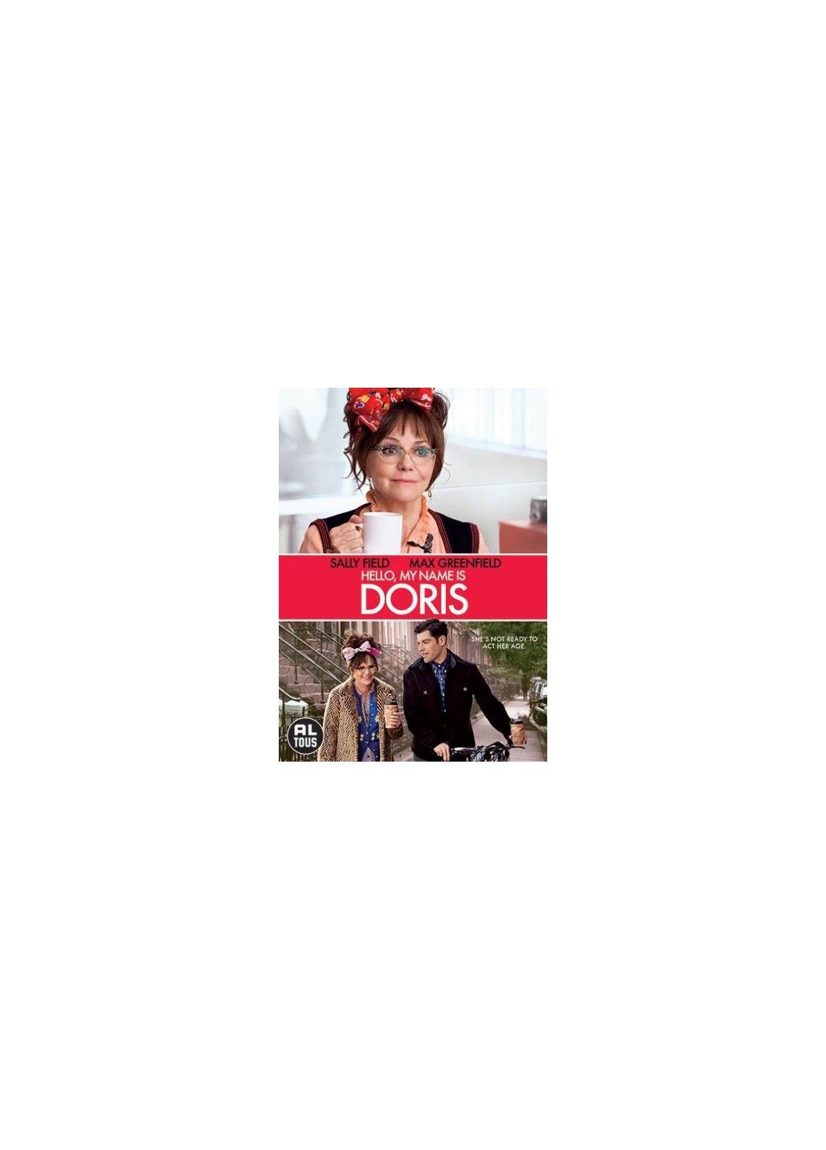 Couverture DVD : Hello, My Name is Doris. Femme avec lunettes et bandeau rouge avec un homme, un vélo.