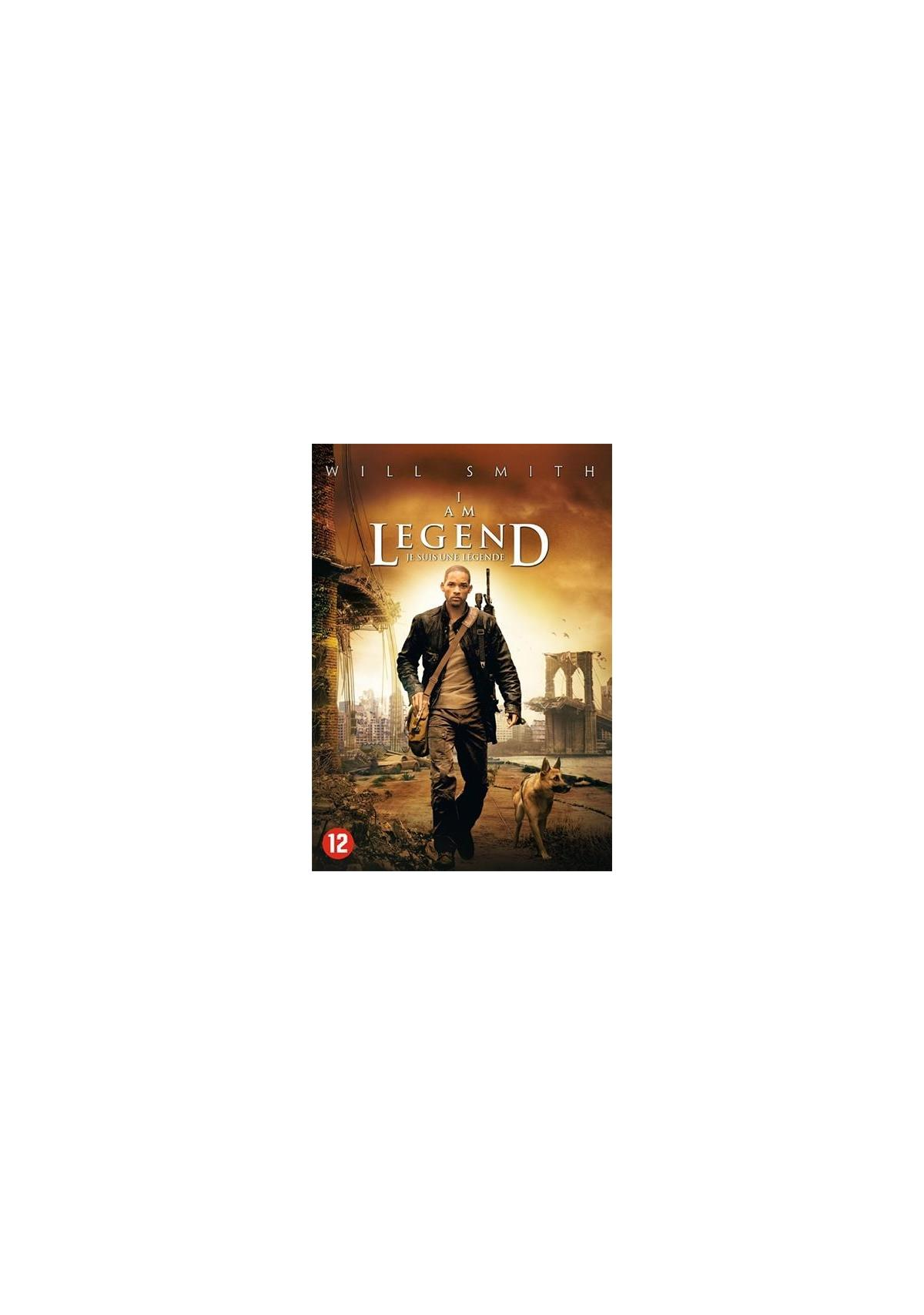 Affiche du film 'Je suis une légende'. Will Smith avec un chien marche dans une ville en ruine.