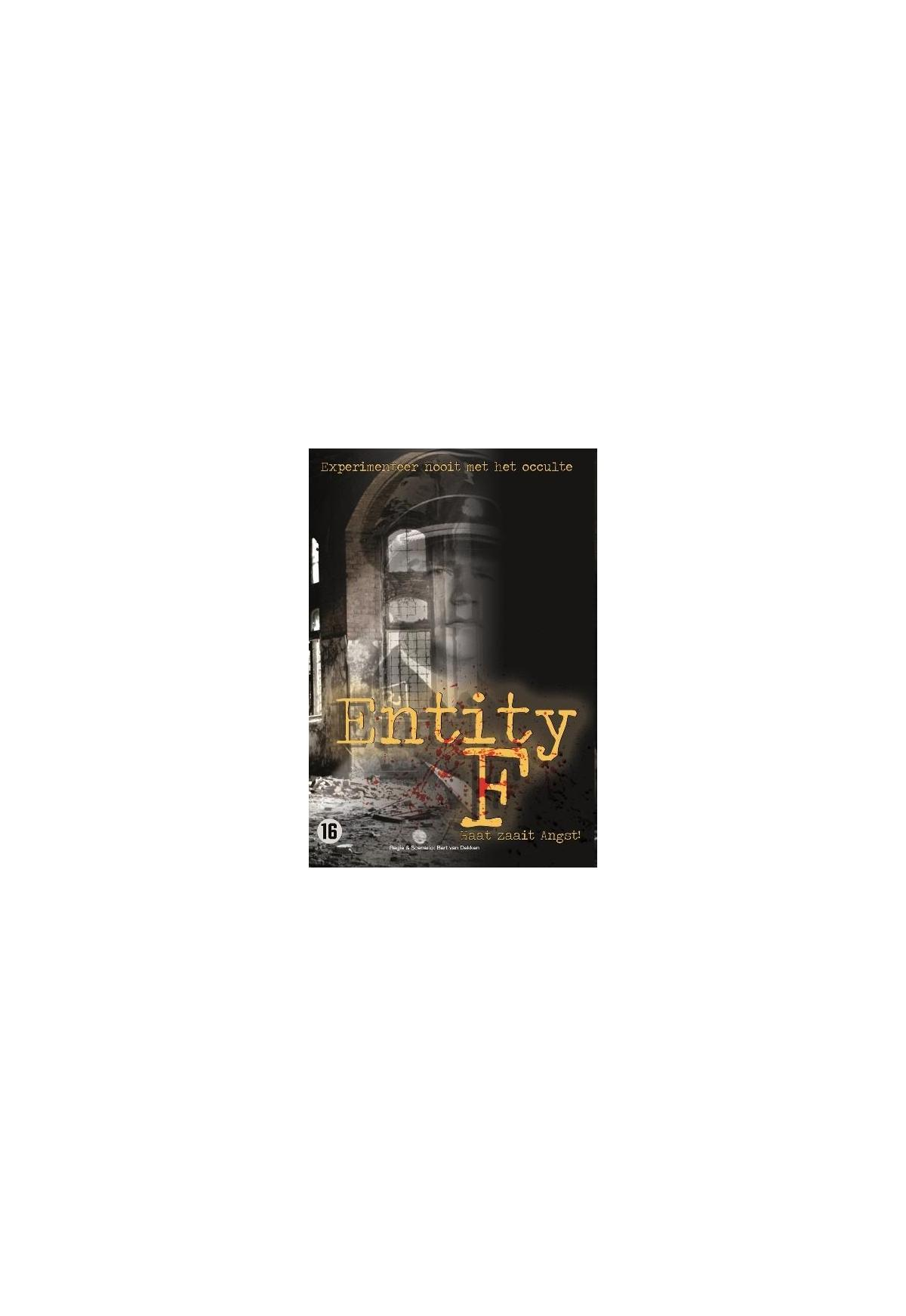 DVD-hoes voor 'Entity F', met een donkere, schaduwrijke afbeelding met een rode, bloedige 'F' en het nummer '16'.