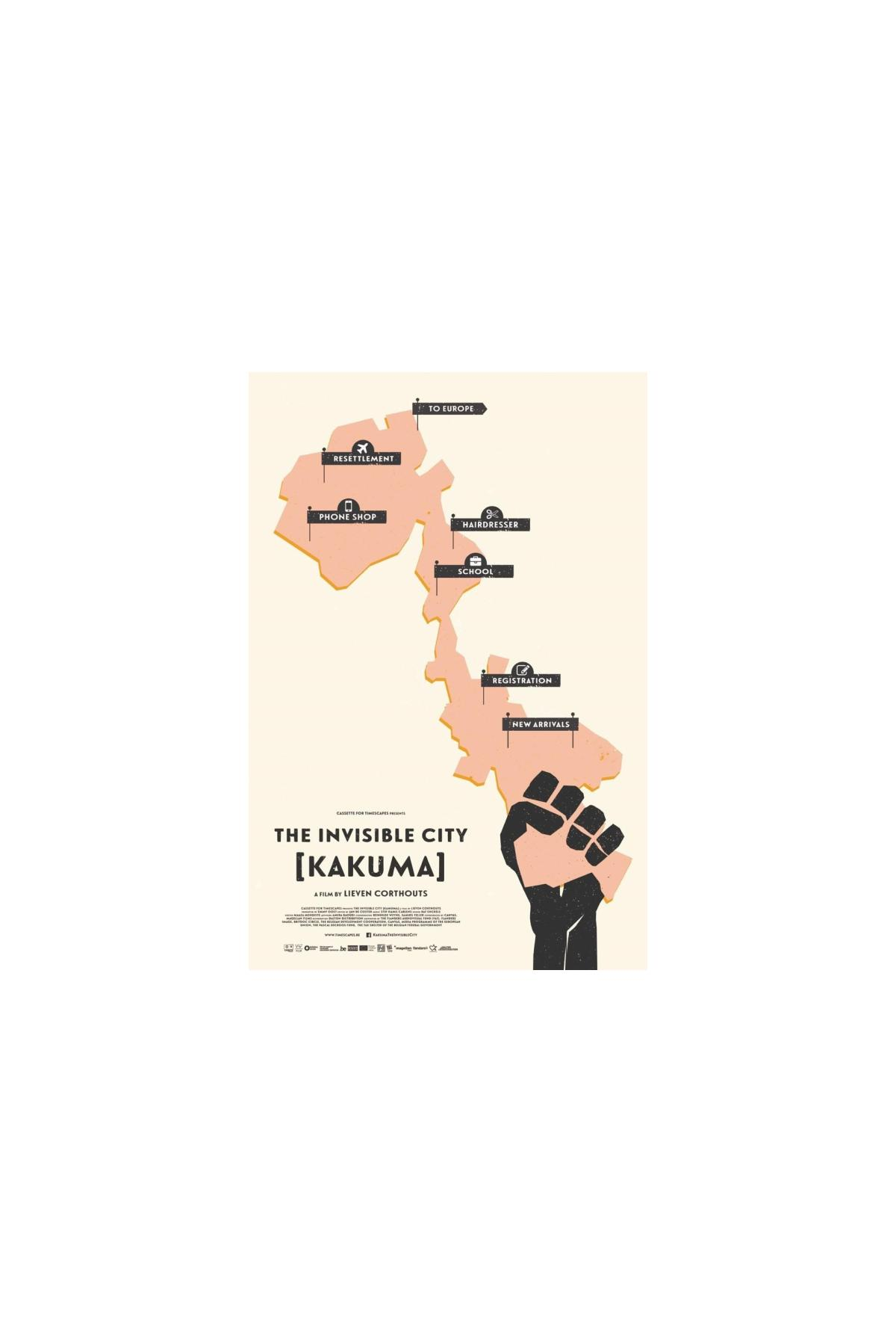 Affiche montrant une carte avec des icônes et un poing noir, le texte se lit "THE INVISIBLE CITY [KAKUMA]".