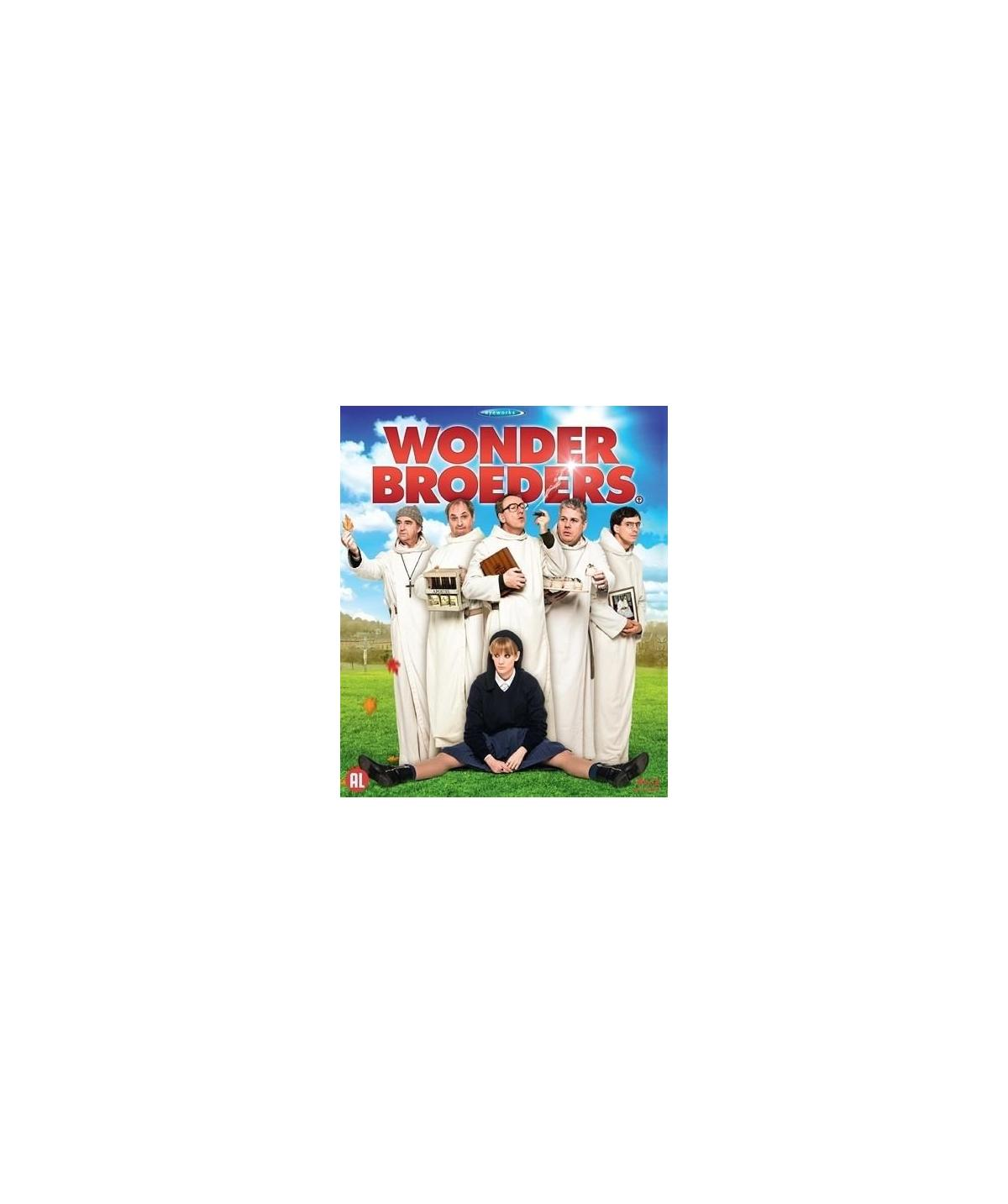Pochette de DVD de Wonder Broeders. Hommes en robes blanches, un garçon en uniforme scolaire.