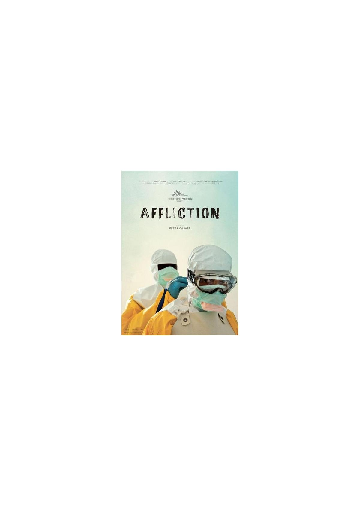 Filmposter voor 'Affliction'. Twee mensen in beschermende kleding op de voorgrond. De achtergrond is een lichte lucht.