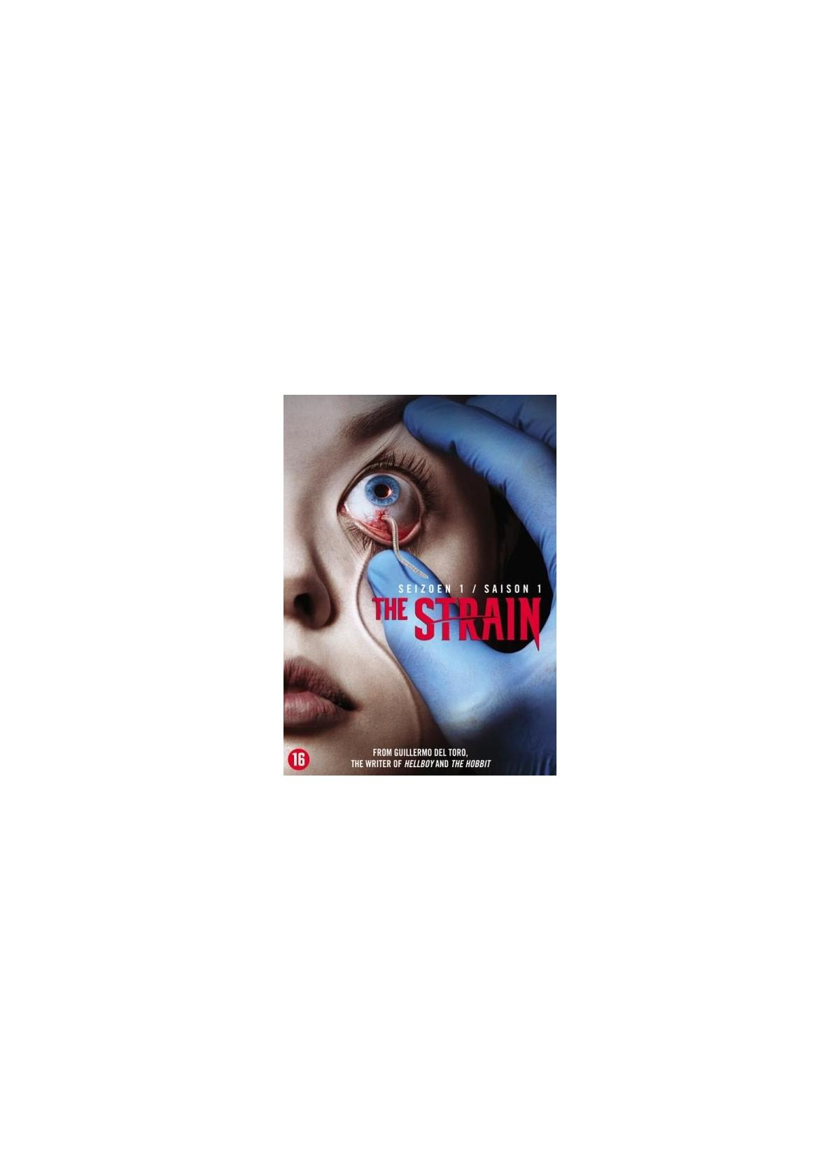 Affiche du film The Strain. Un gros plan sur un œil. Le titre est affiché.