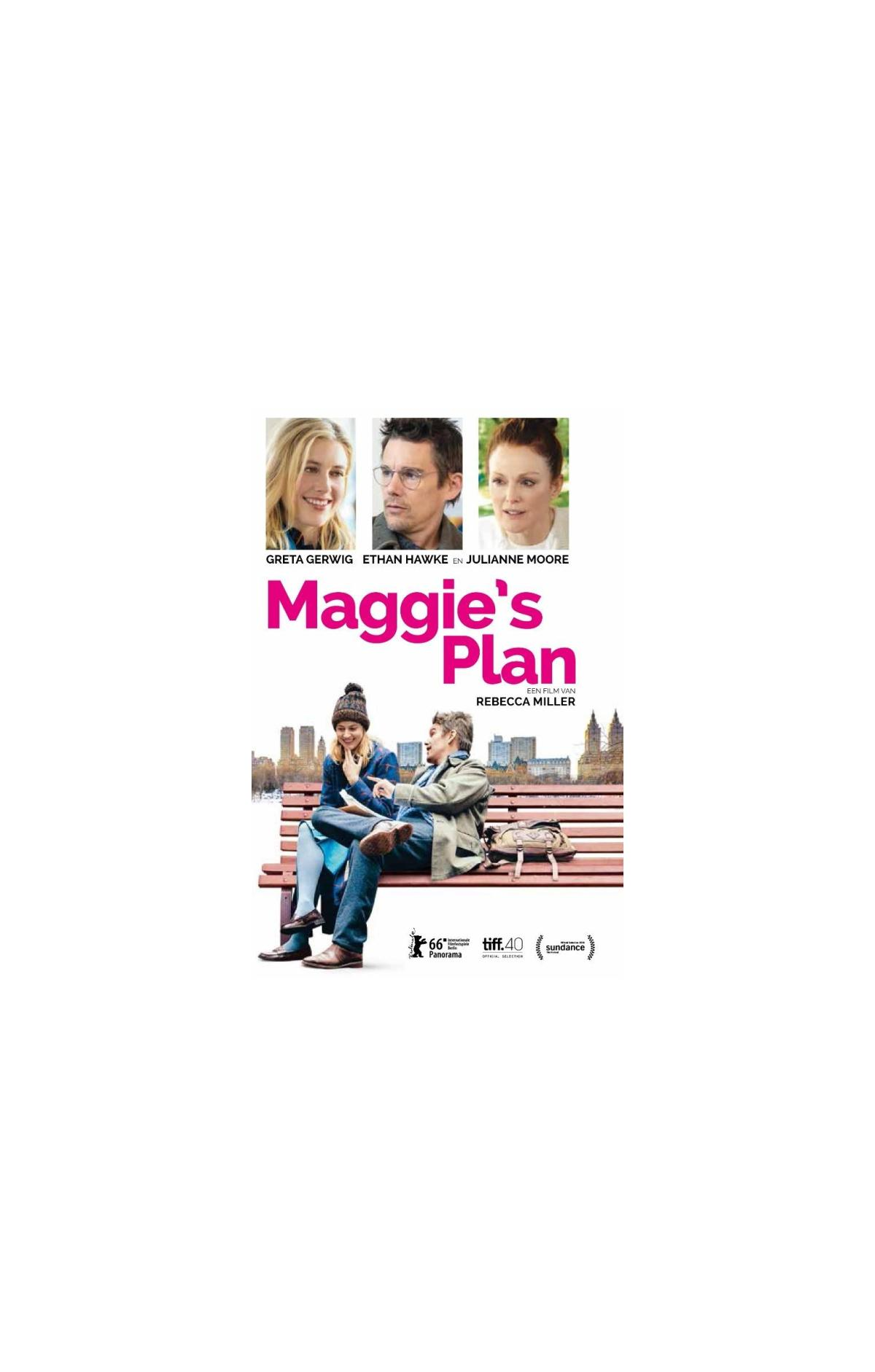 Maggie's Plan filmposter met drie gezichten en twee personen.
