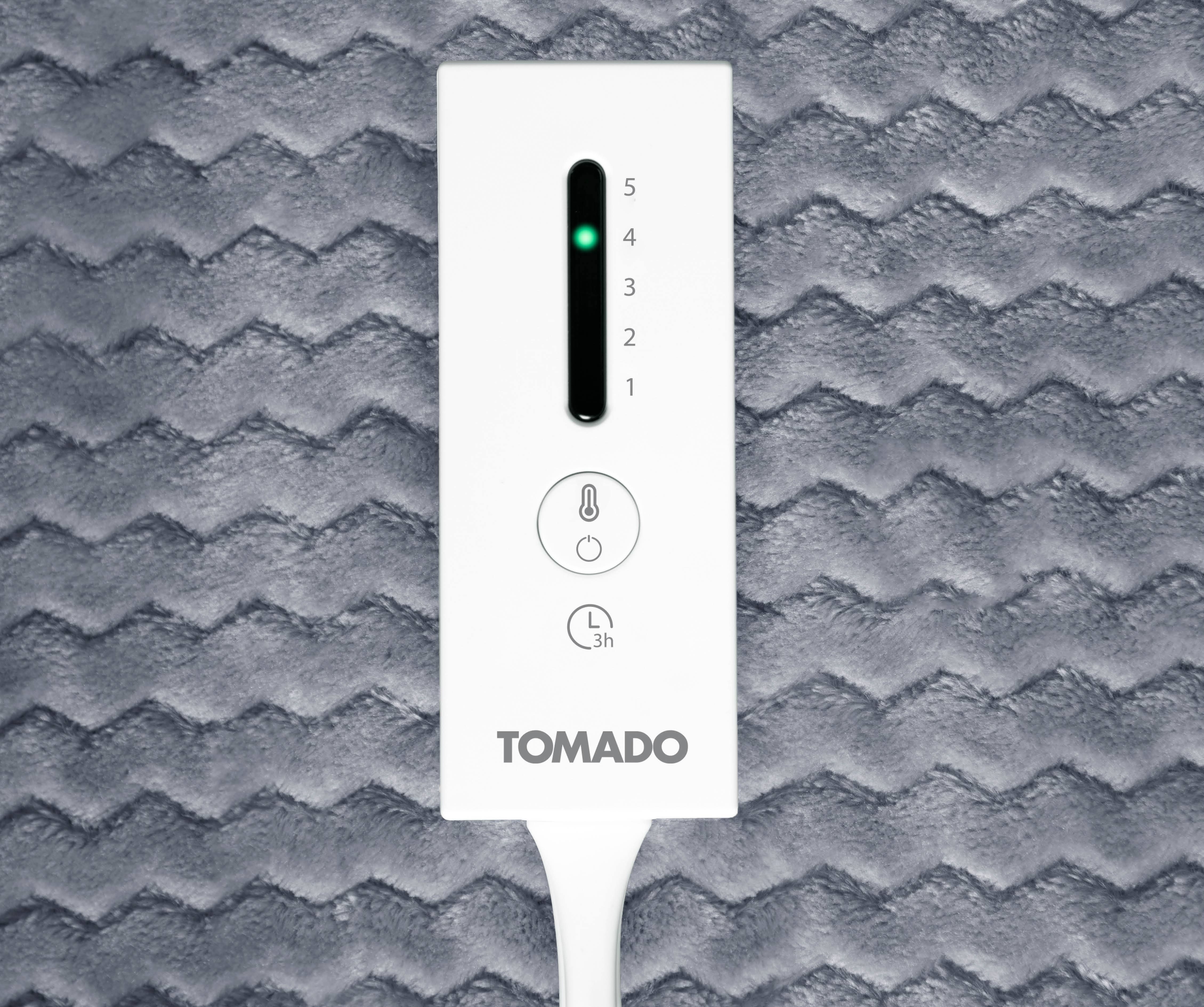 Weißes Bedienfeld mit 5 Leuchten. Hat eine Strom- und eine Timer-Taste. Auf einer grauen Decke.