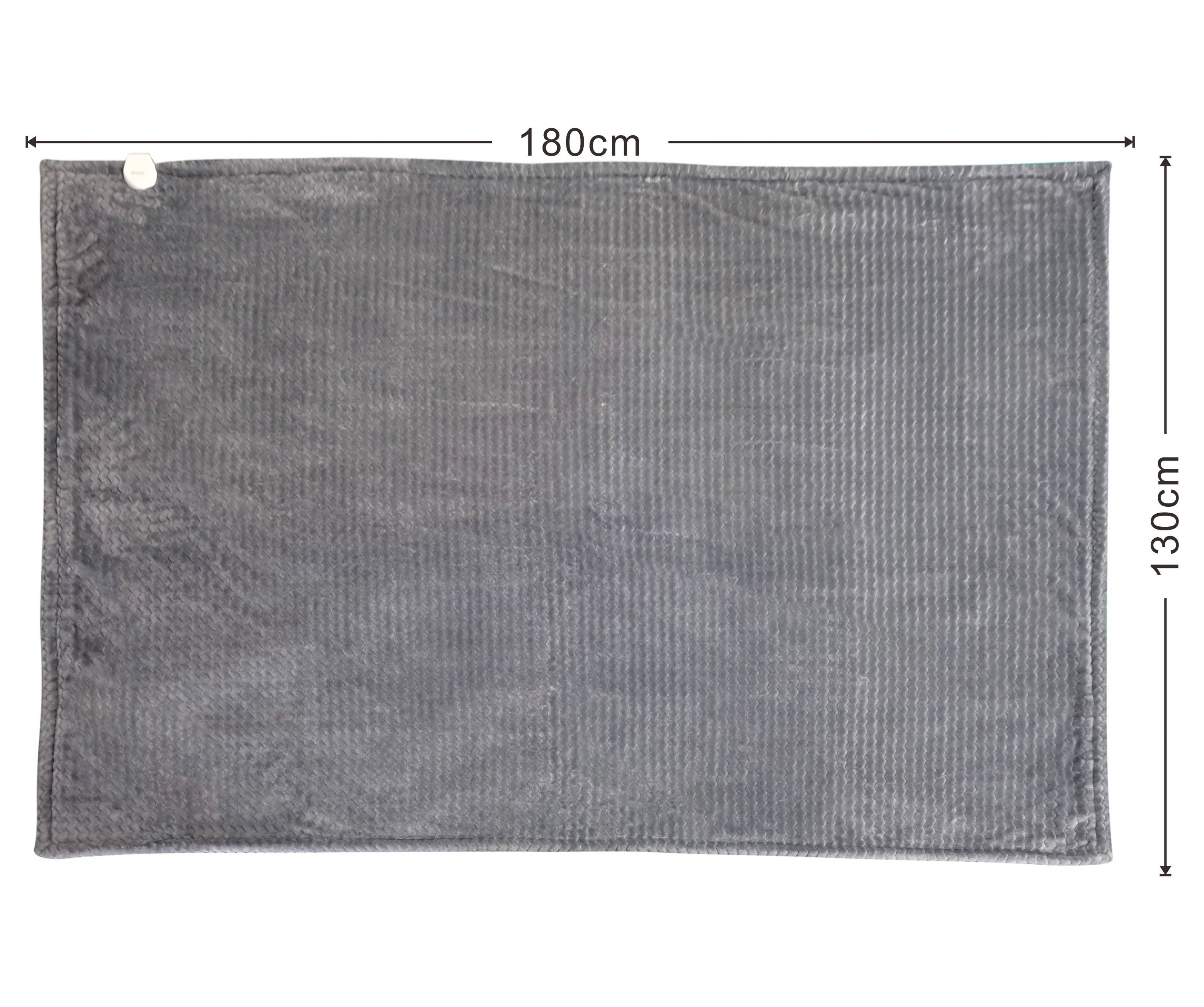 Graue, rechteckige Heizdecke. Abmessungen: 180 cm x 130 cm. Ein weißer Regler oben angebracht.