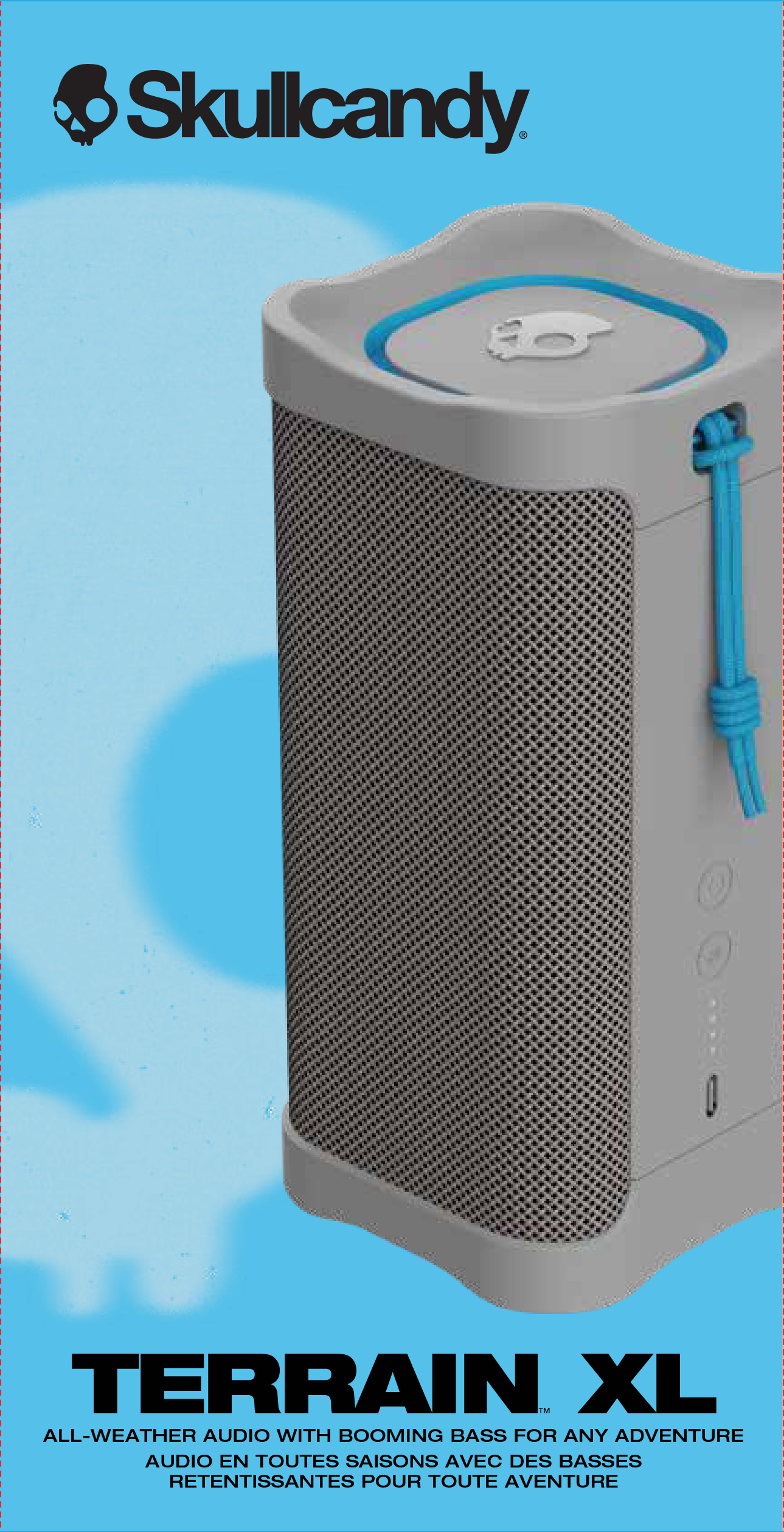 Skullcandy-Lautsprecher, grau mit blauen Akzenten und Logo. Text: Terrain XL.
