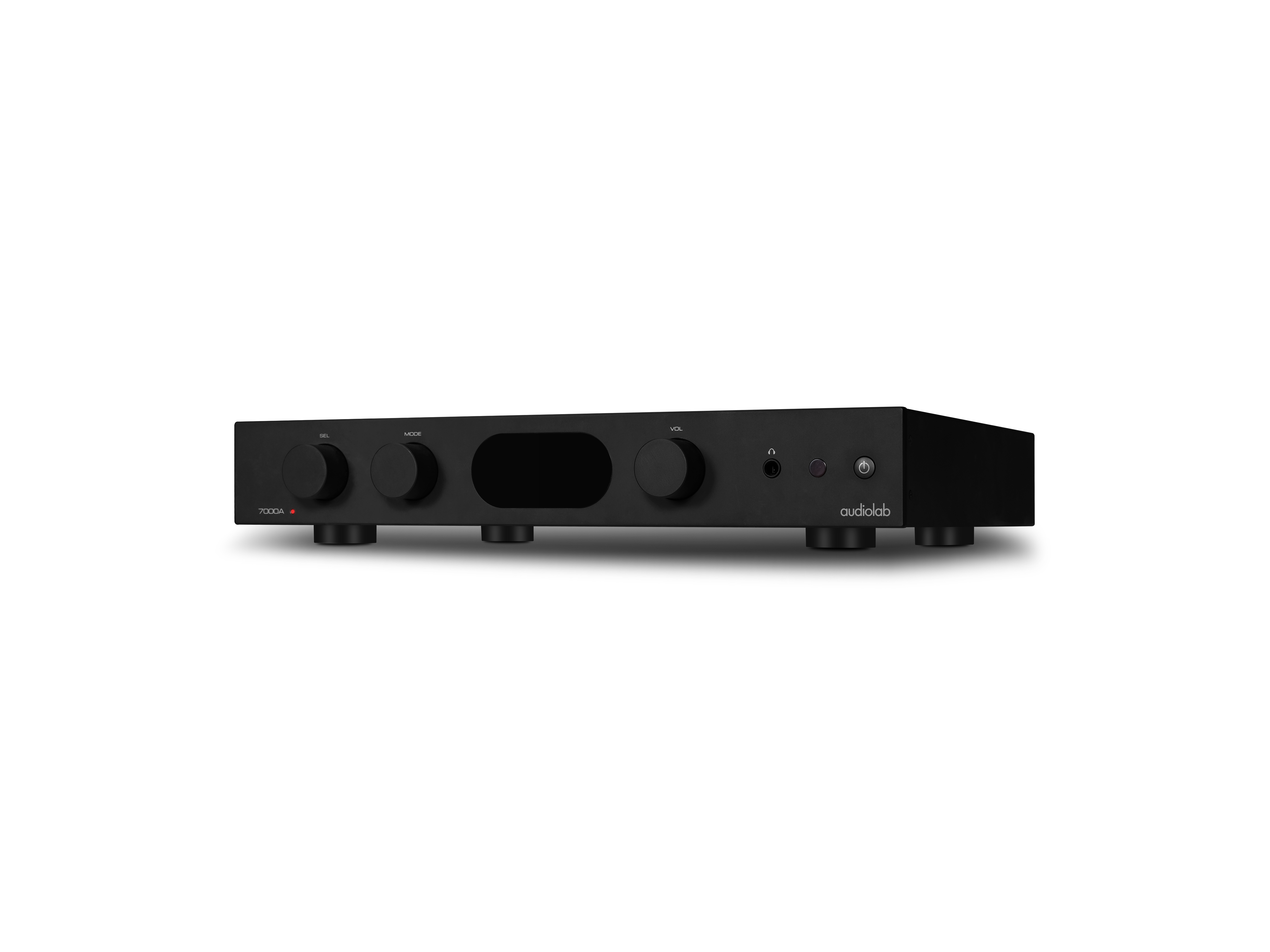 Zwarte audioversterker met knoppen en display.
