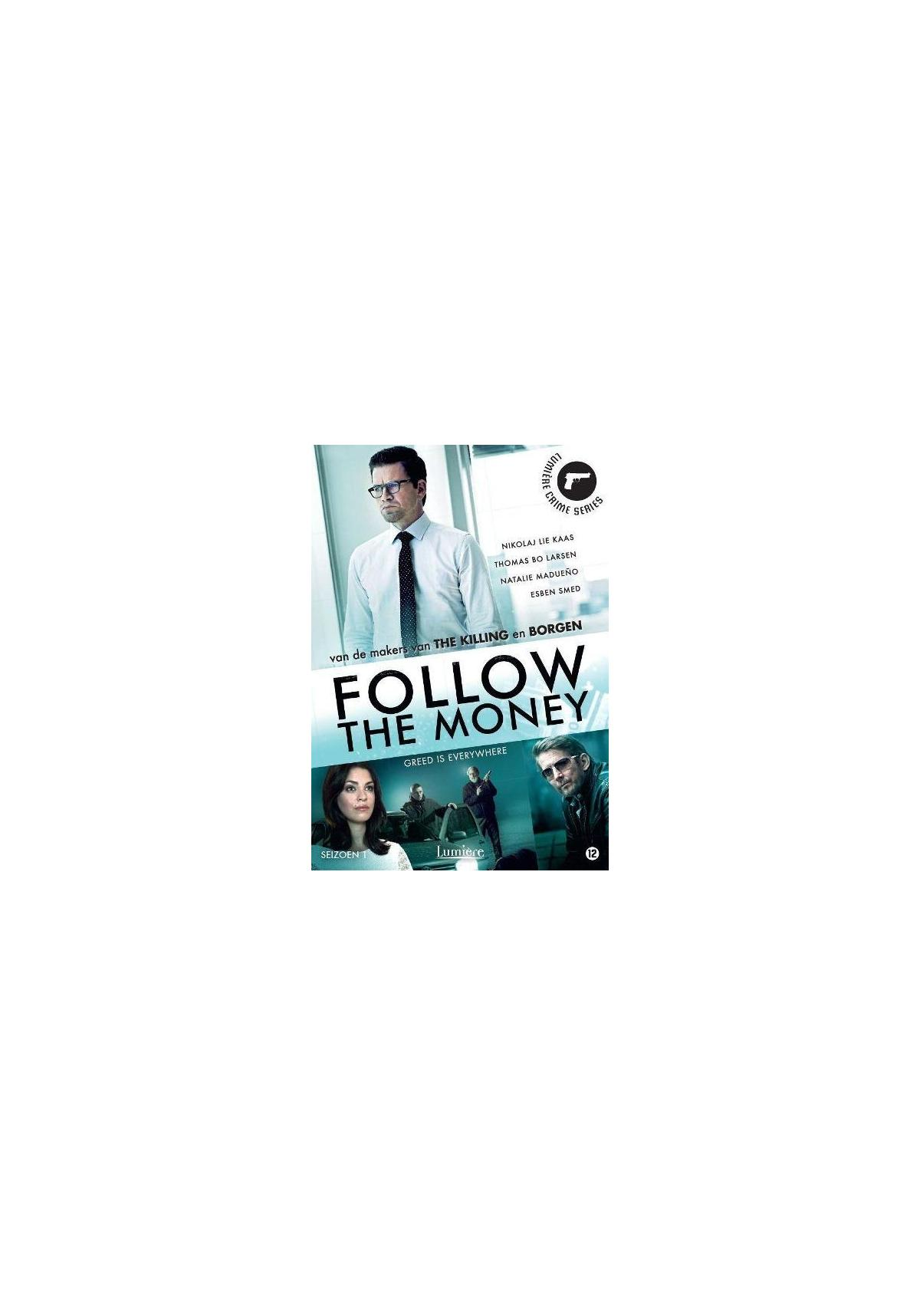 Filmposter, drie personen, titel 'Follow the Money'.
