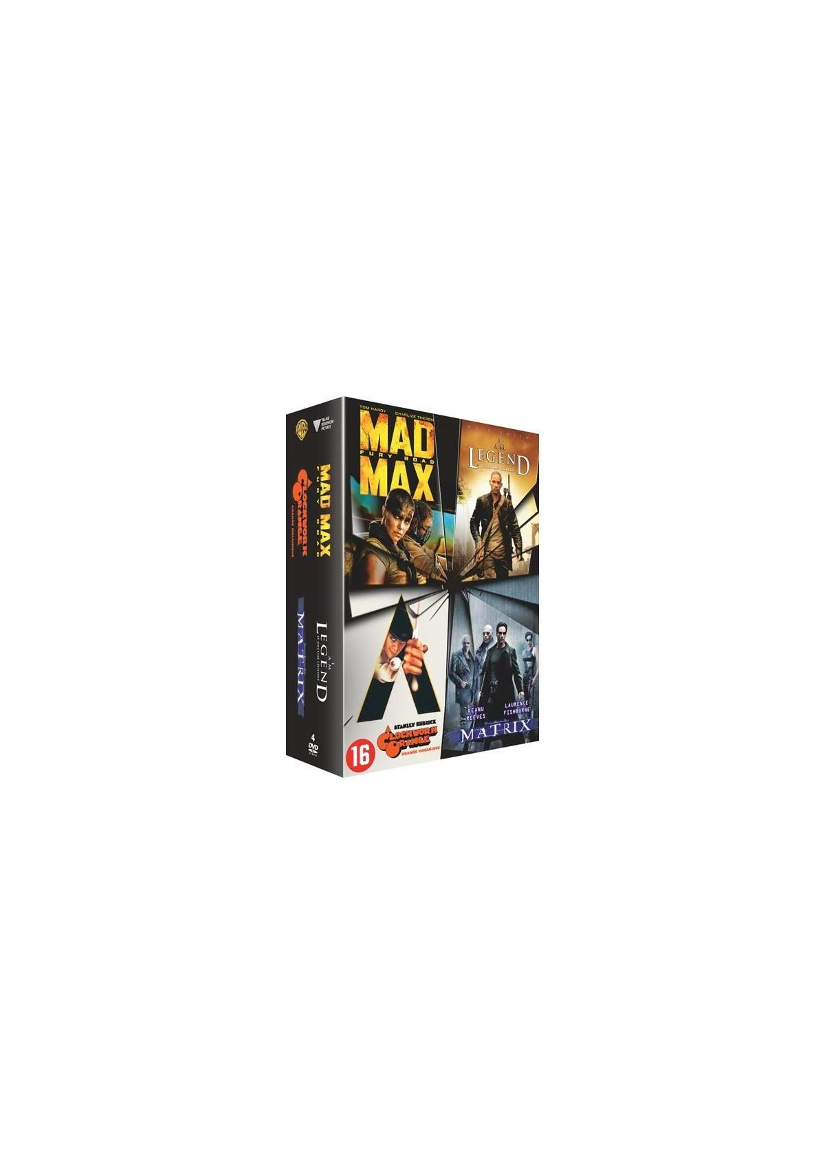 Coffret de quatre films: Mad Max, Legend, The Matrix. La boîte est en noir et blanc. Contient une étiquette 16+.