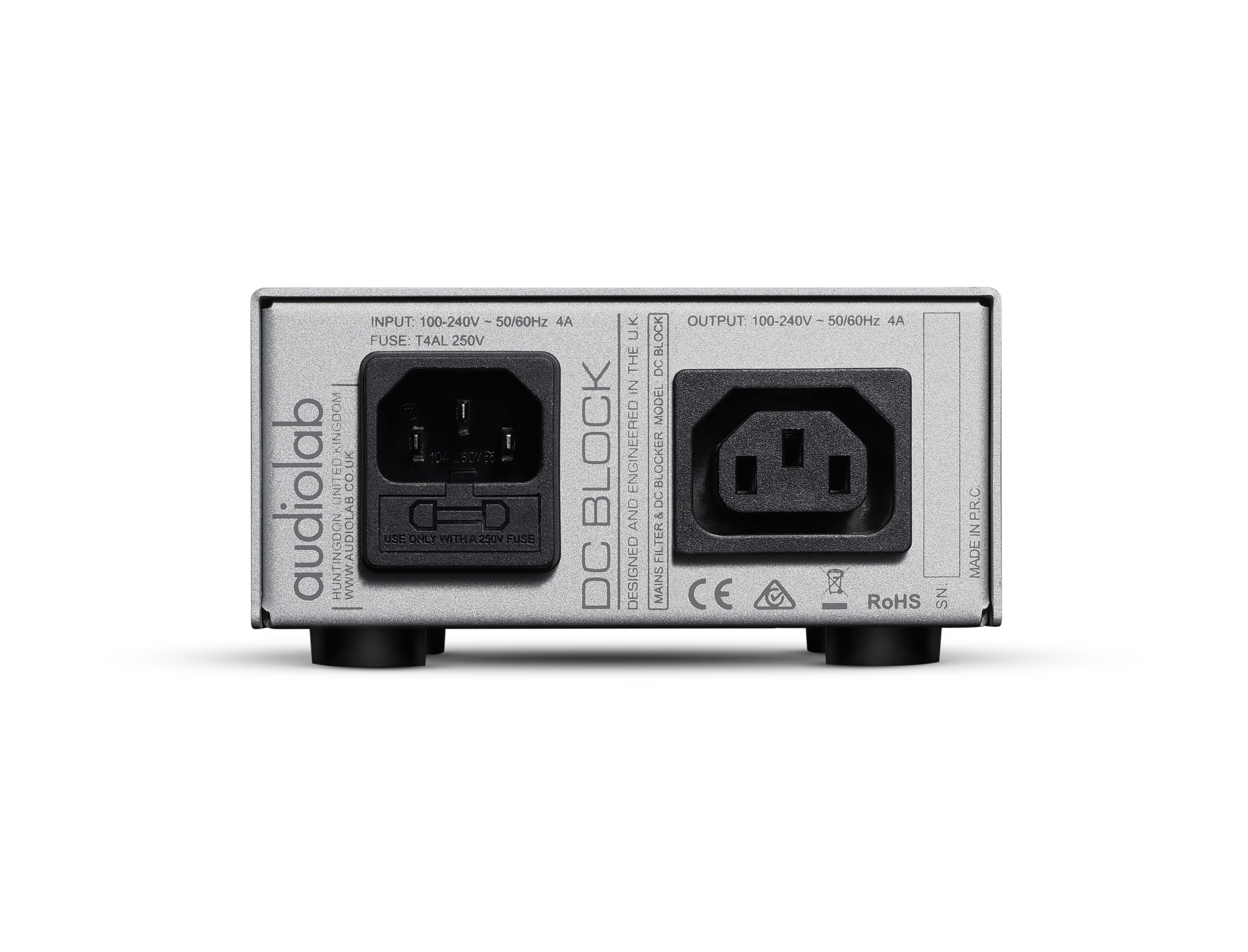 Silver DC Block with input and output ports.