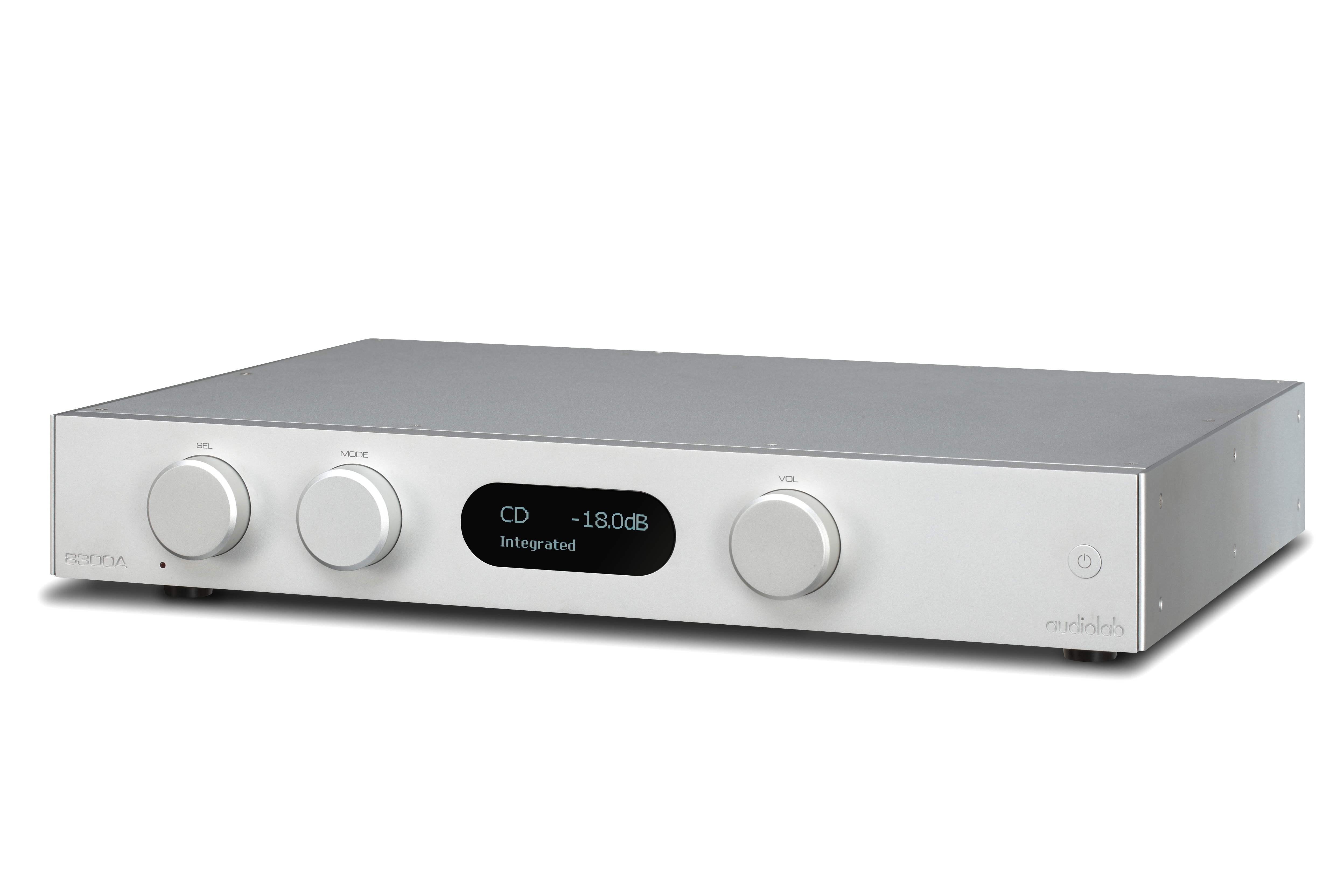 Silver hi-fi component with buttons and a display, white background.