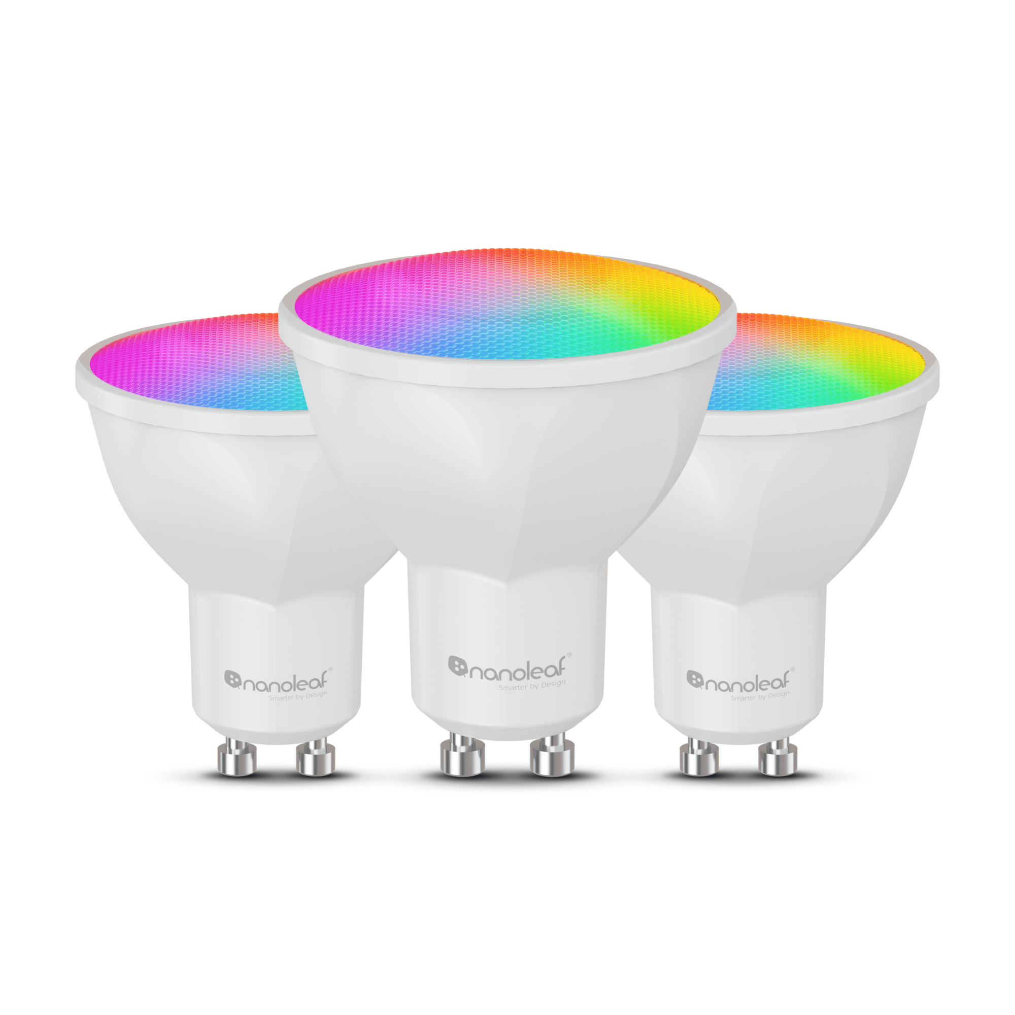 Tre lampadine a LED bianche con luce colorata, simile all'arcobaleno, emessa dall'alto.