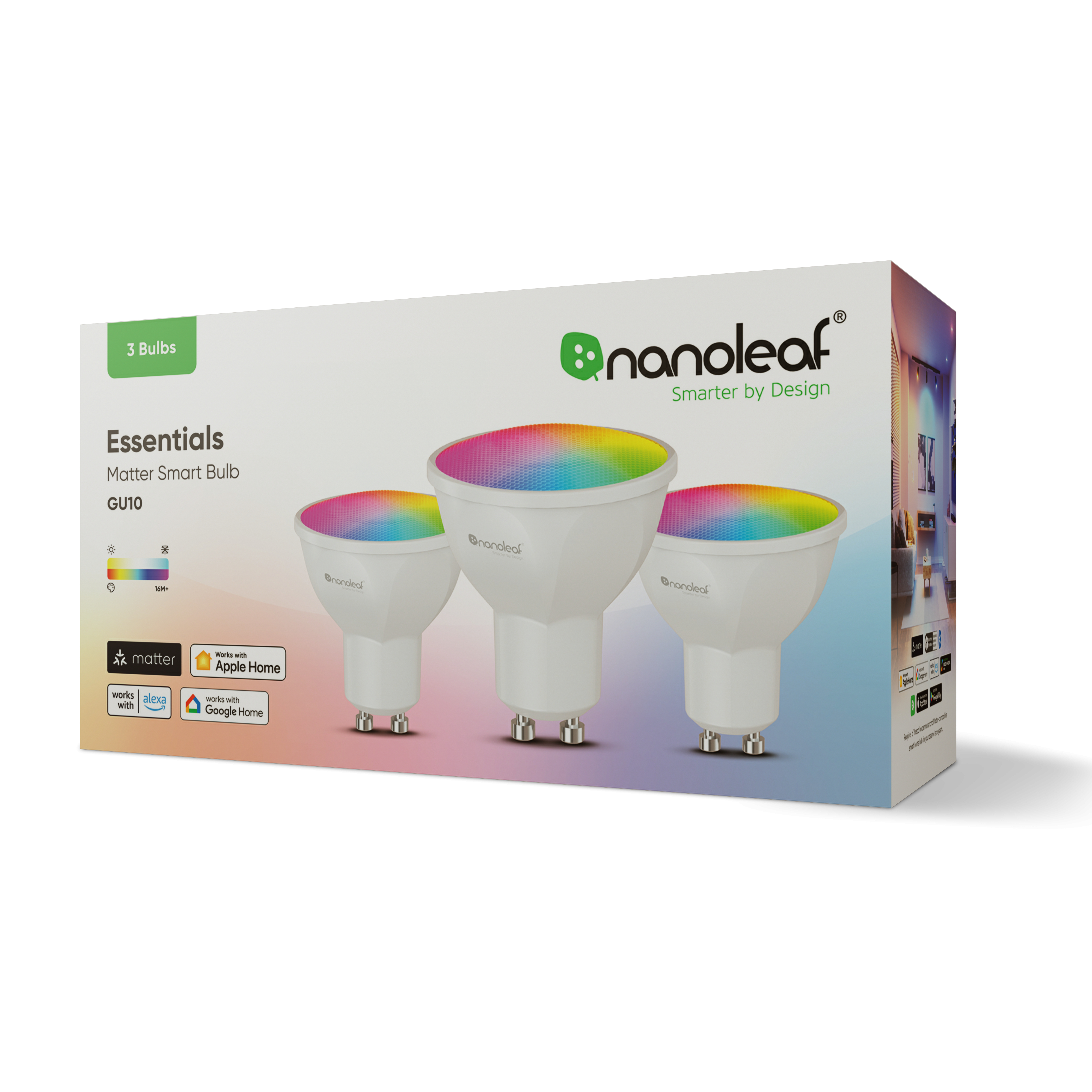 Scatola di tre lampadine LED intelligenti, ciascuna con luce arcobaleno.