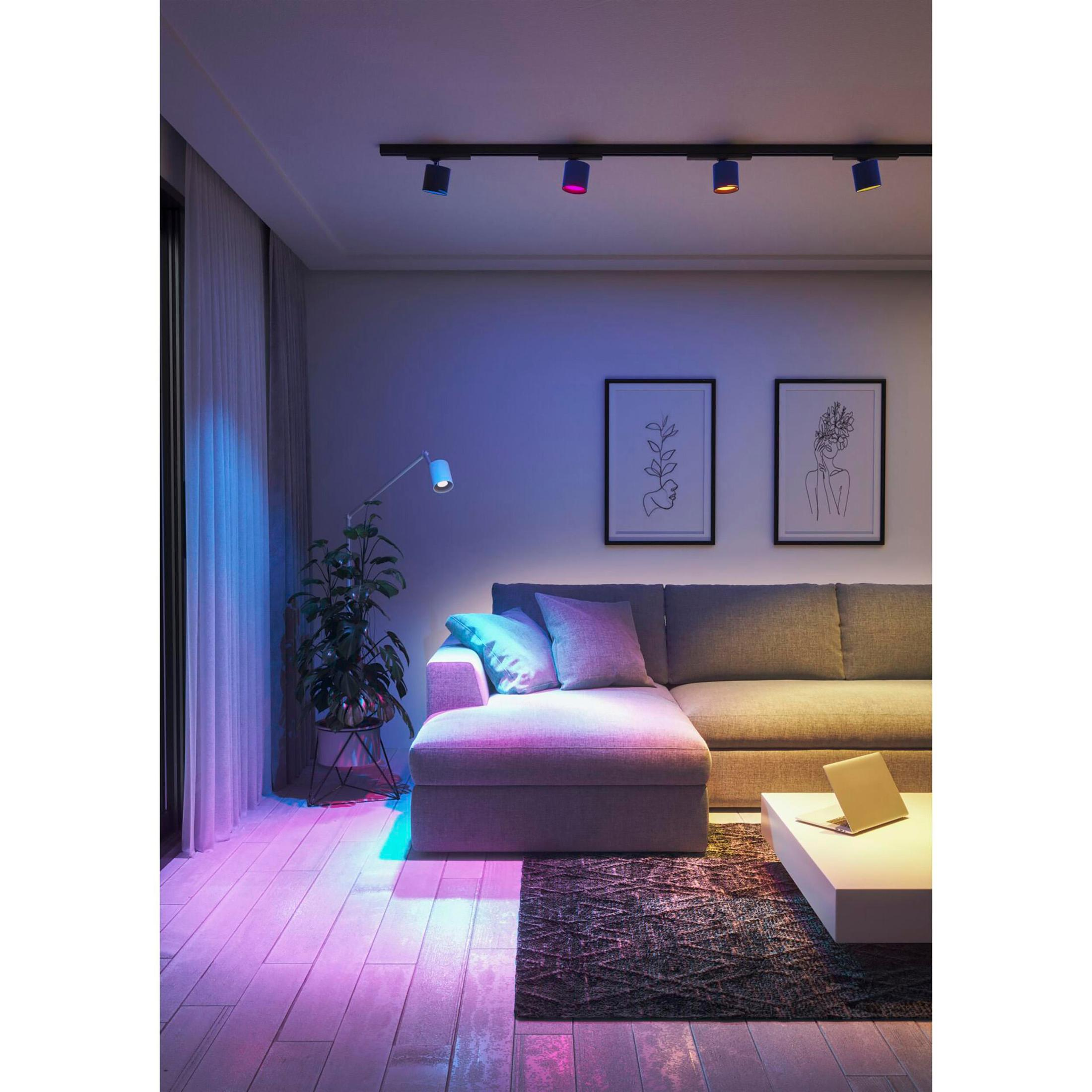 Scena di soggiorno con illuminazione a binario, divano, opere d'arte e piante.