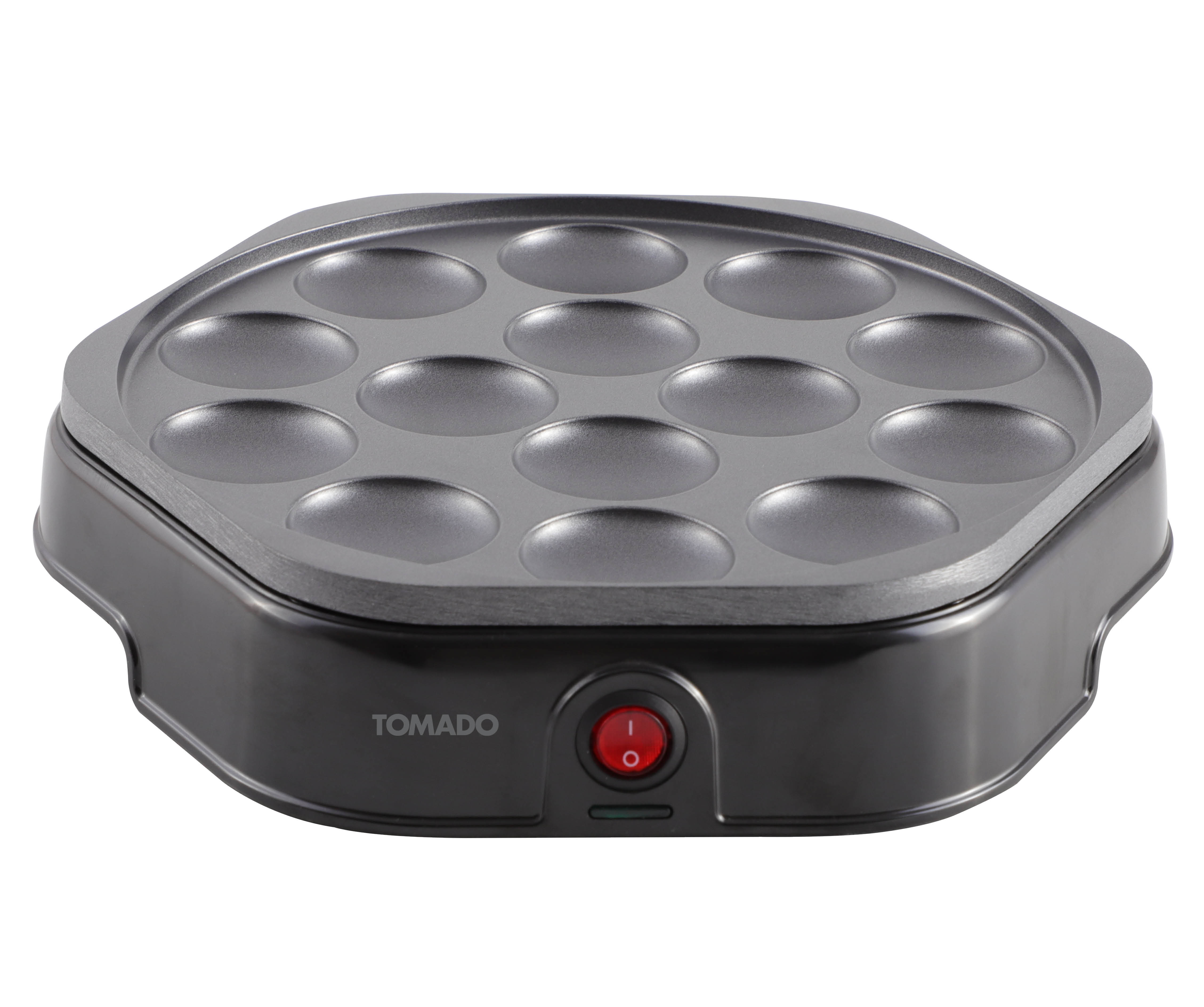 Black Takoyaki maker with 12 round molds and a red power light.