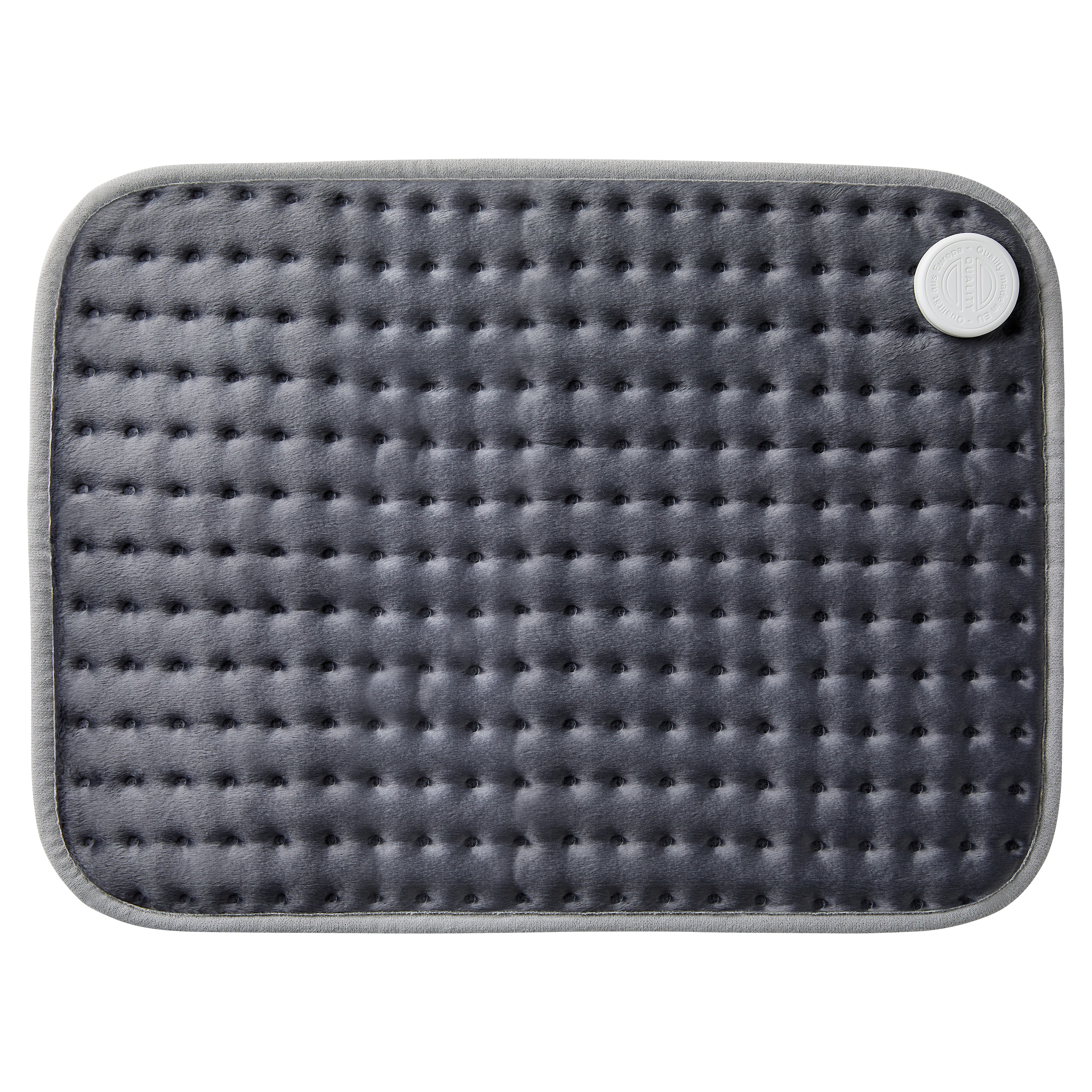 Un coussin chauffant rectangulaire gris avec un cadran de contrôle. Il a un motif matelassé.