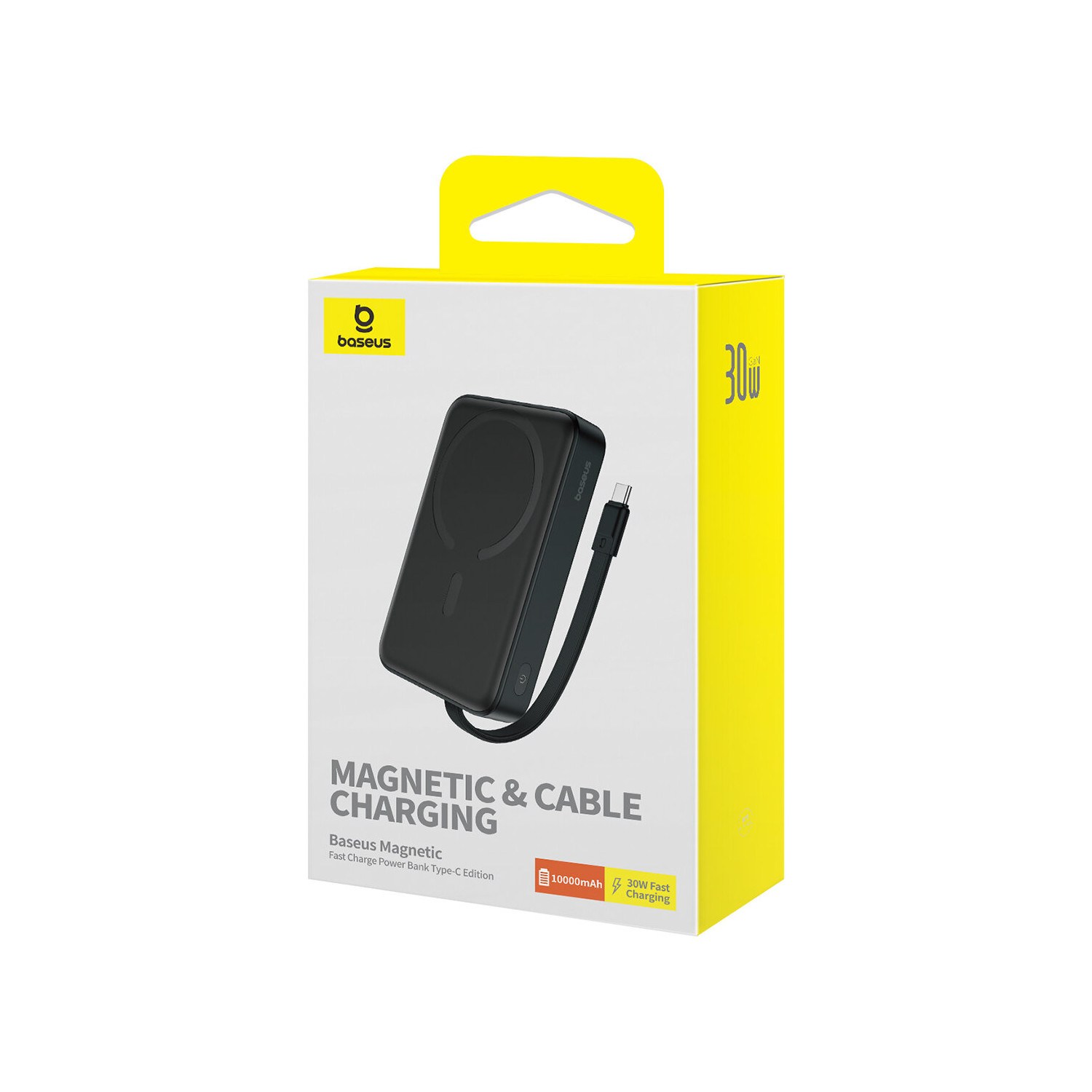 Caja negra y amarilla con un dispositivo de carga. La caja tiene la marca Baseus y texto 30W.