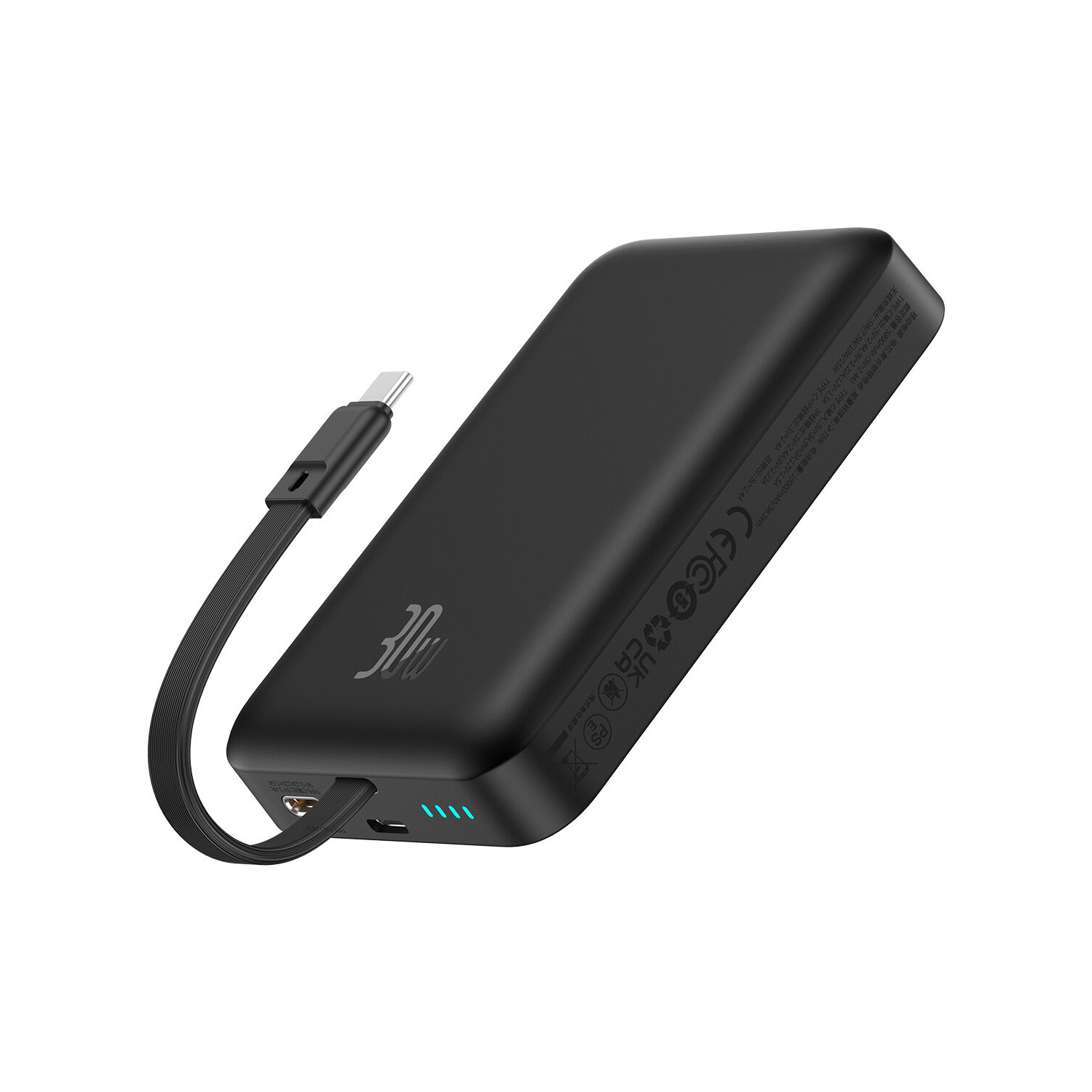 Zwarte powerbank met een USB-C kabel eraan. De powerbank heeft de tekst '30W' erop gedrukt.