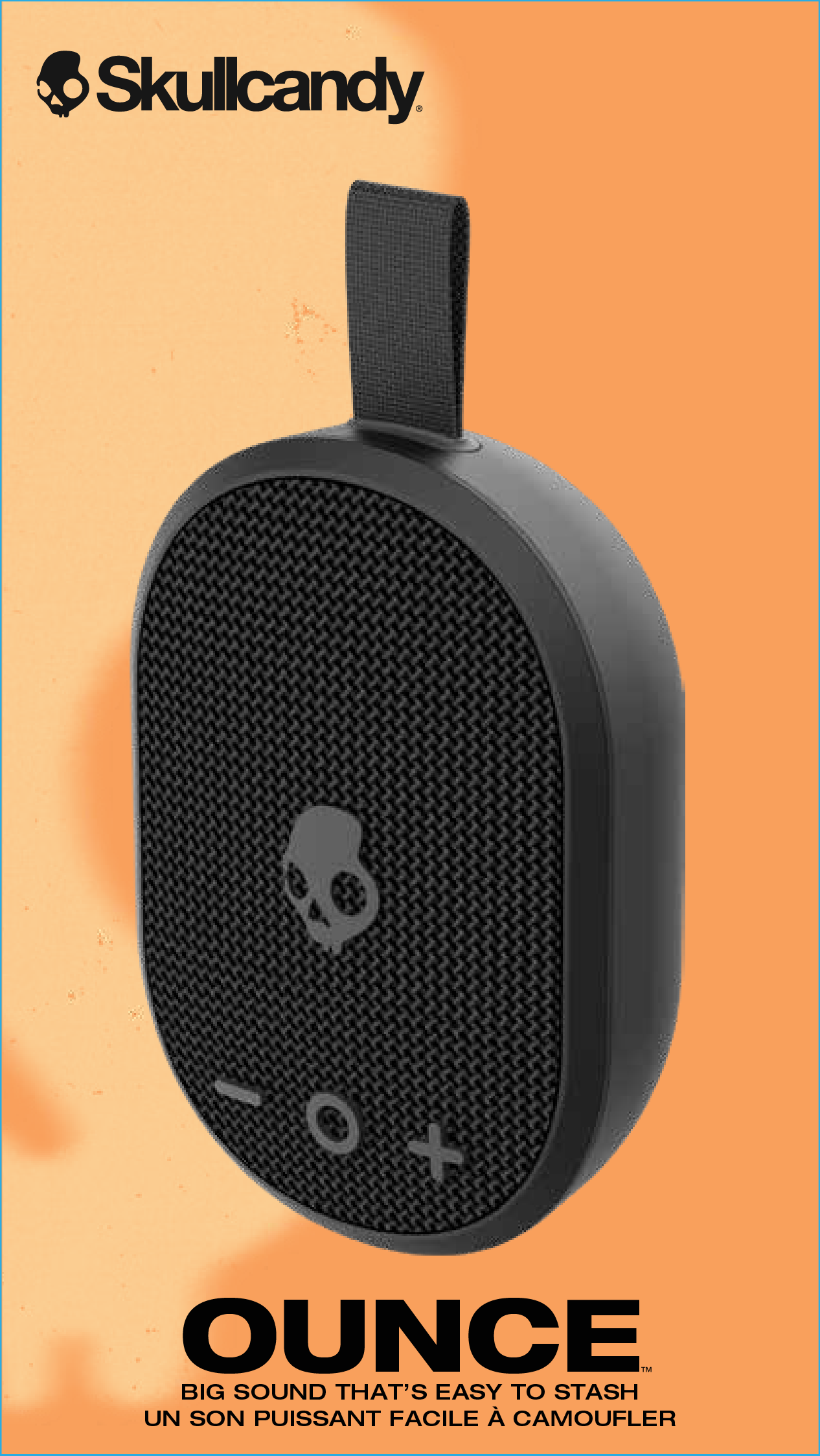 Schwarzer Lautsprecher. Skullcandy-Logo und OUNCE-Text auf orangefarbenem Hintergrund.