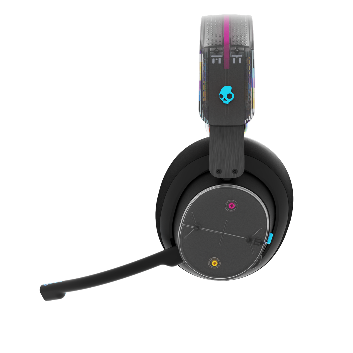 Cuffie da gioco nere con microfono e logo teschio.