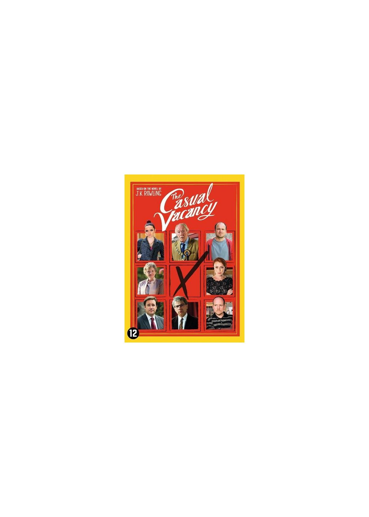 Filmposter voor 'The Casual Vacancy', met een collage van gezichten op een rode achtergrond.