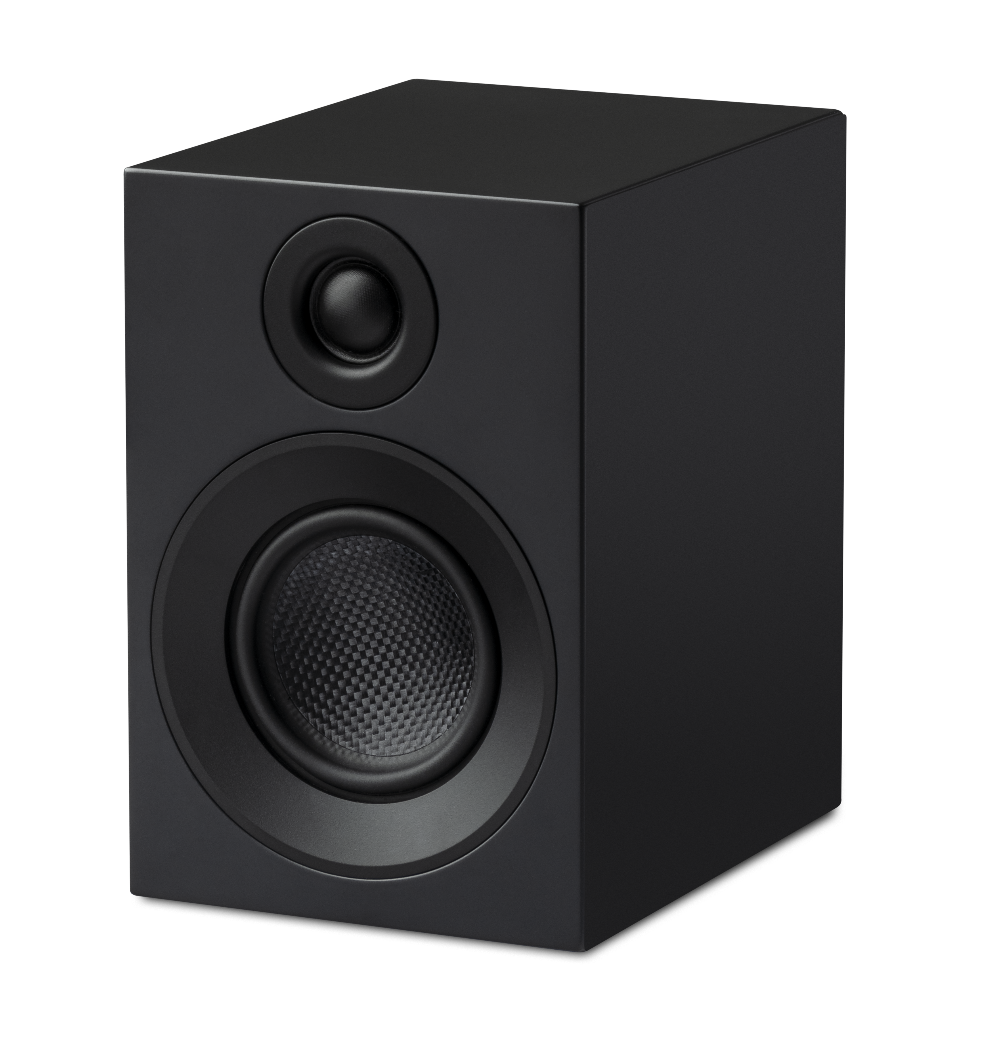 Czarny głośnik, widok z przodu, na ciemnym tle.