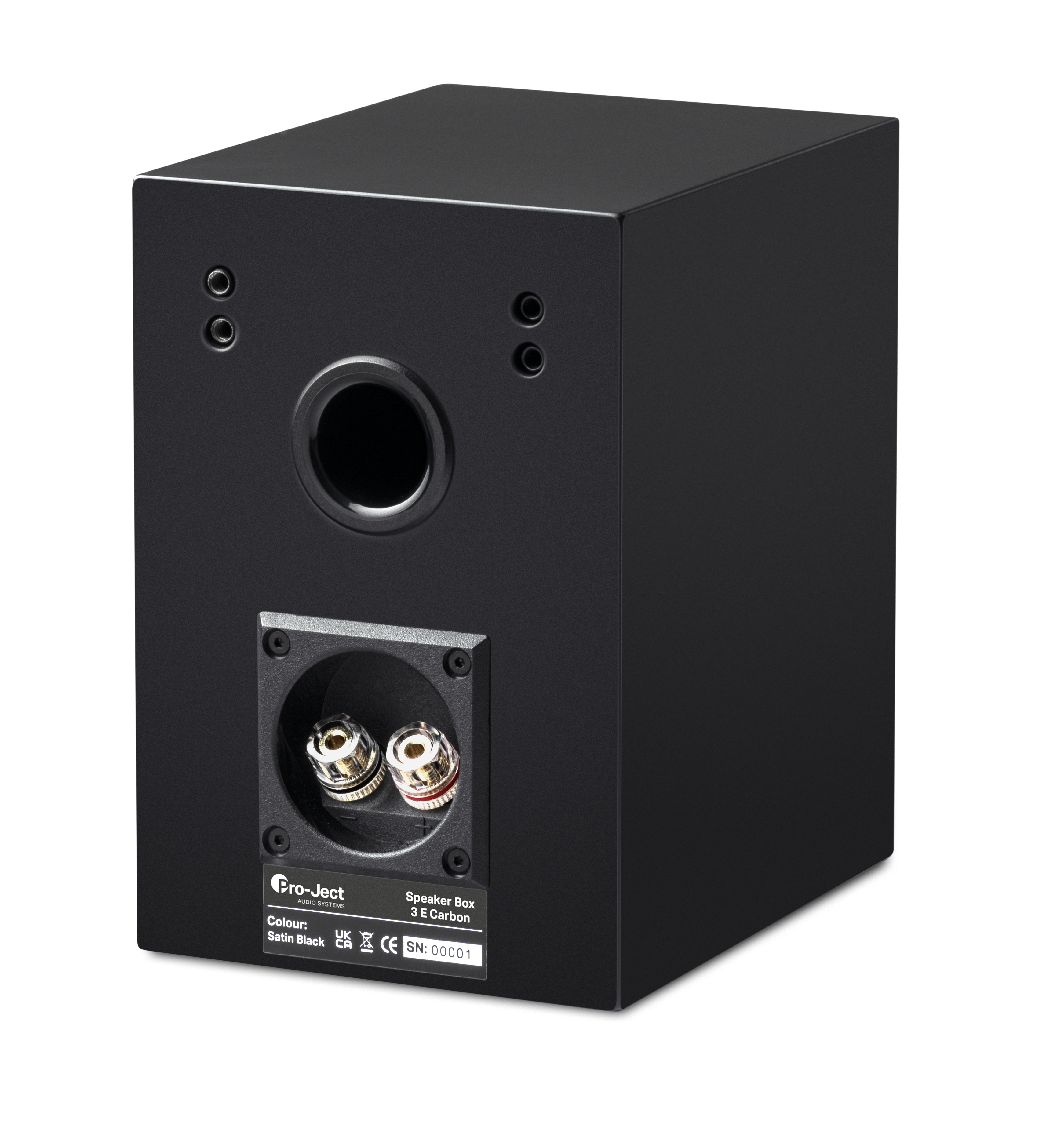 Tył czarnej obudowy głośnika. Zawiera zaciski głośnikowe i otwory montażowe.