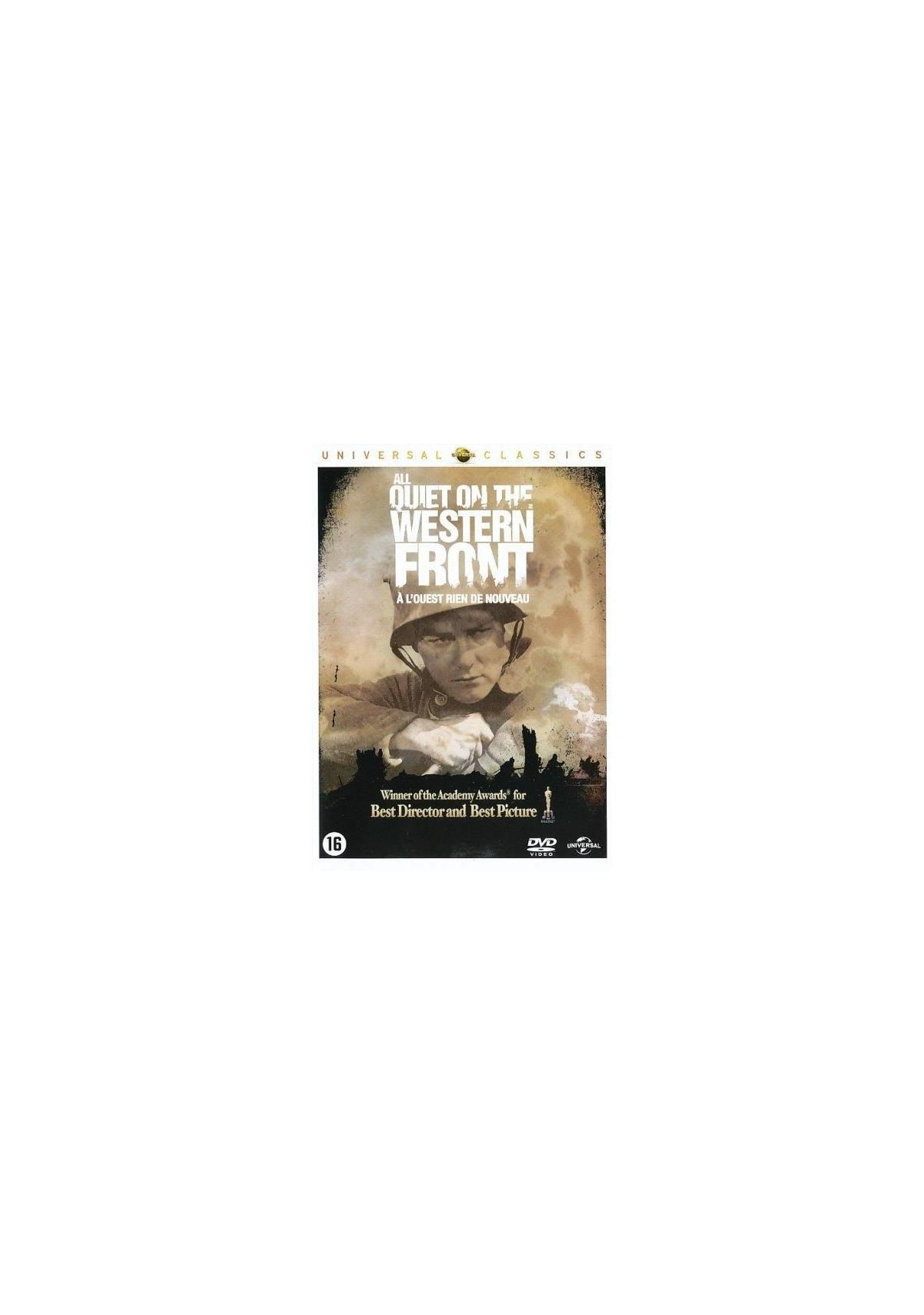 Filmposter voor 'All Quiet on the Western Front'. Een man met een helm staat in het midden. Titel staat bovenaan.