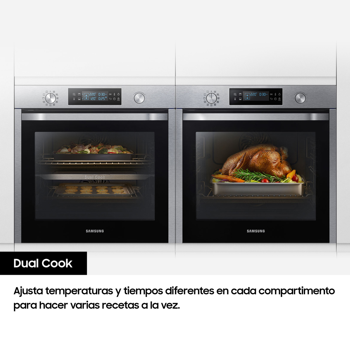 Two Samsung dual cook ovens, one with a roasted chicken.
