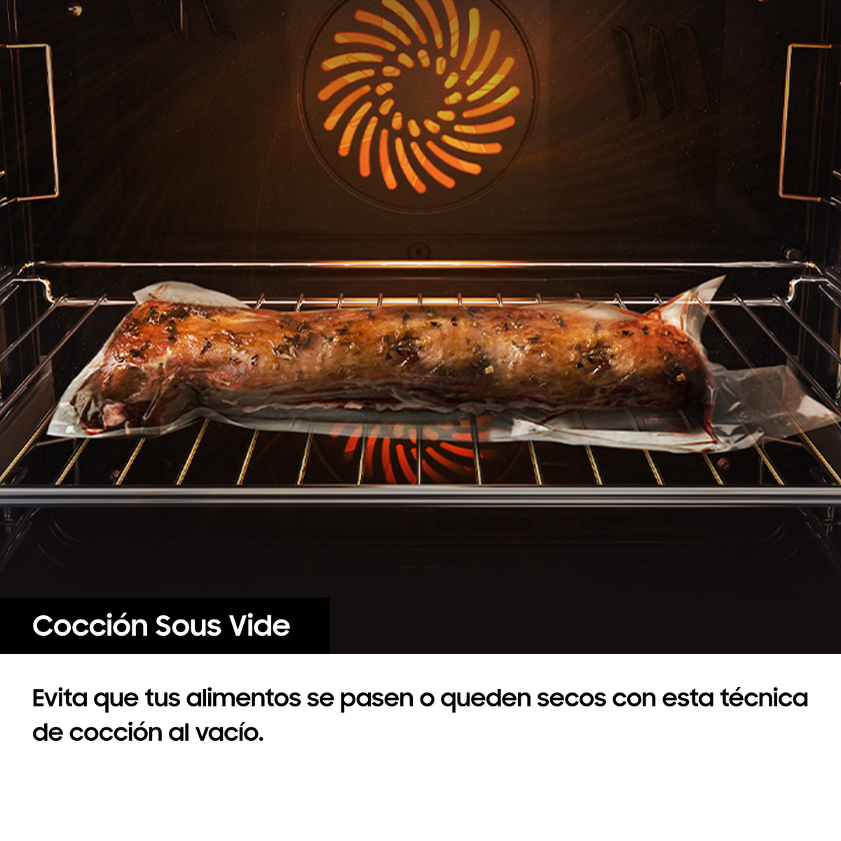 A tray of cooked meat in a plastic bag, inside an oven. The text explains the sous vide technique.
