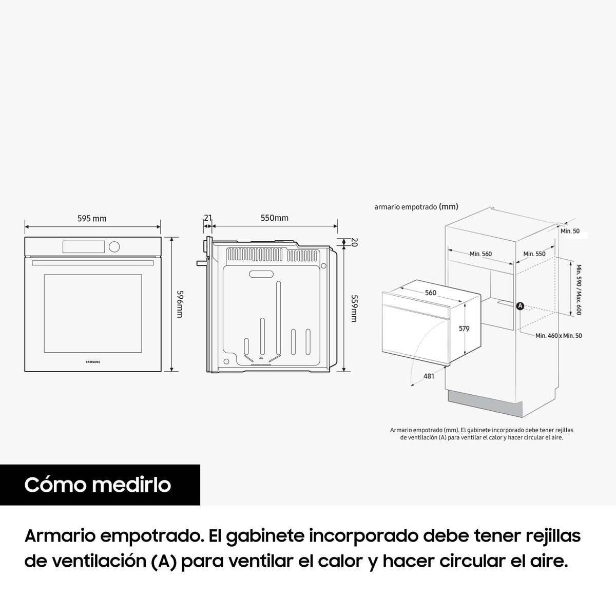 Technical drawing of a built-in oven with dimensions in millimeters and text in Spanish.