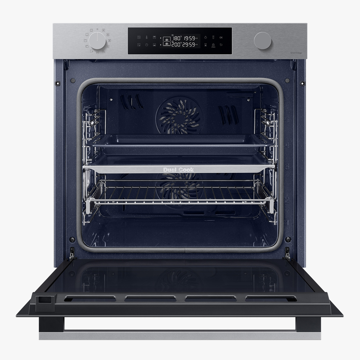 A built-in oven with the door open, showing interior details and a display.
