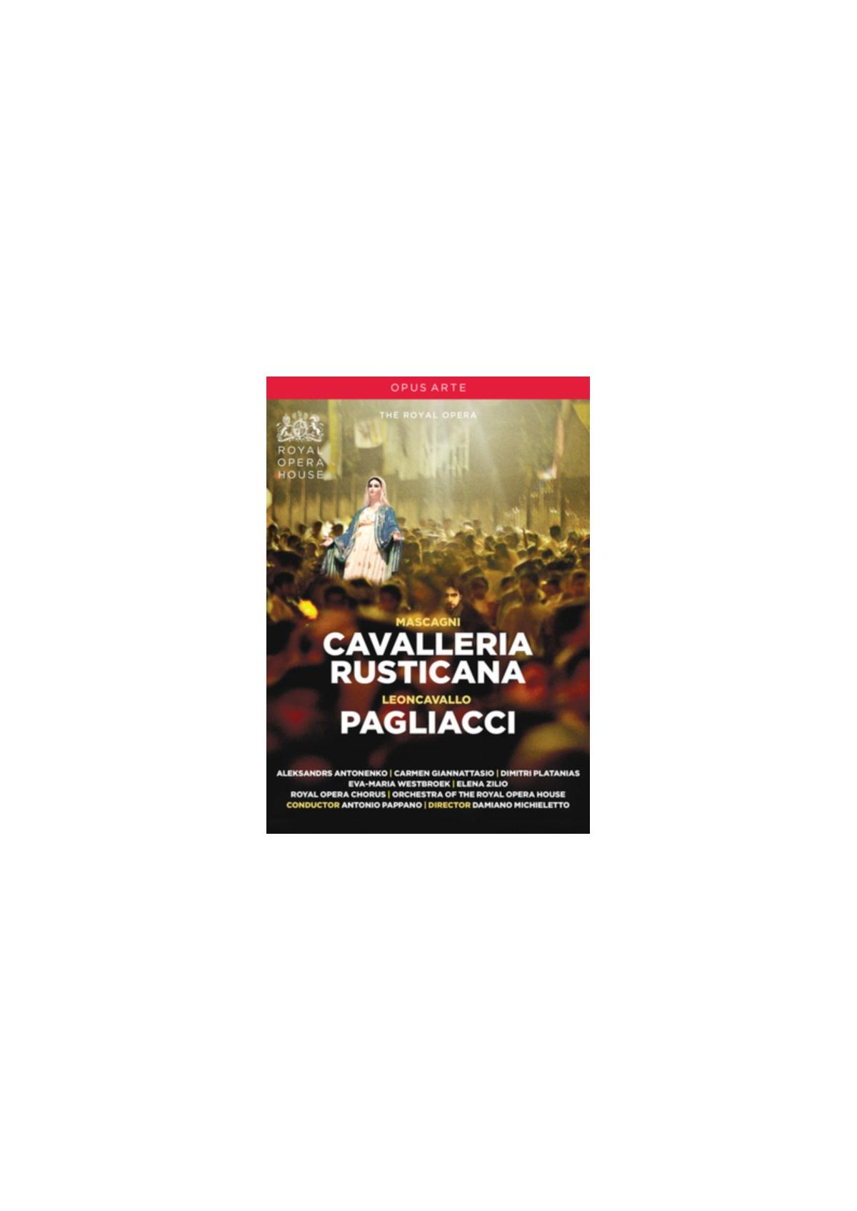Couverture de CD d'opéra. Montre une foule et une femme en blanc. Texte: Cavalleria Rusticana & Pagliacci.