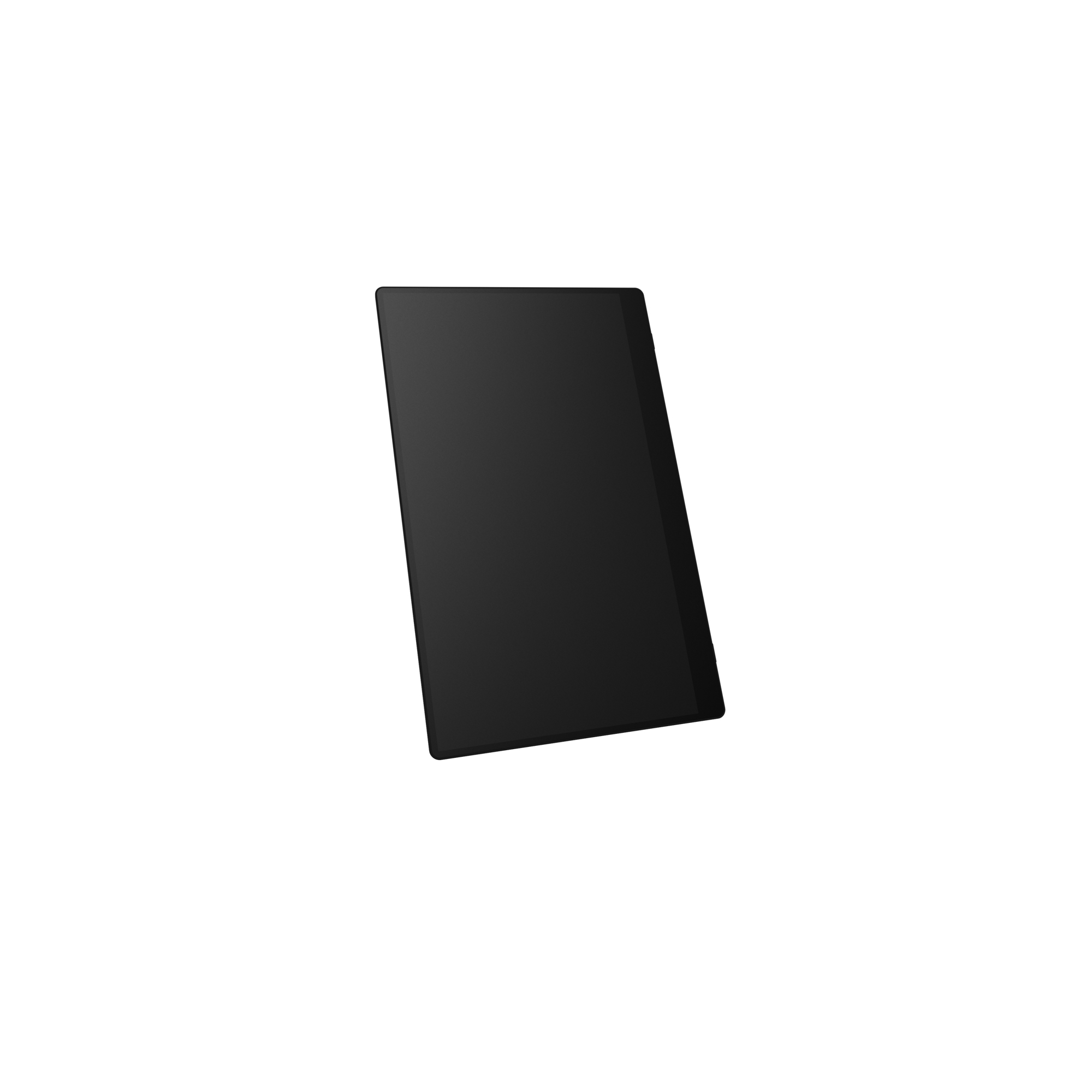 Ein schwarzes, rechteckiges Tablet mit abgerundeten Ecken auf weißem Hintergrund.
