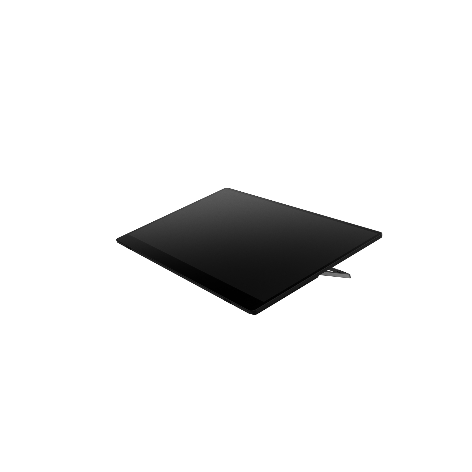 Schwarzes quadratisches Tablet-Gerät auf weißem Hintergrund mit Ständer.