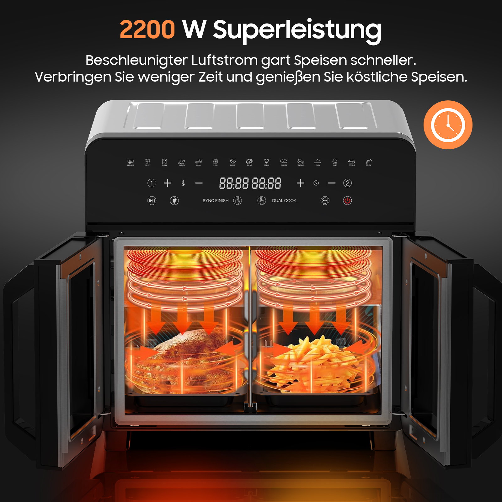 Eine offene Heißluftfritteuse mit Essen darin. Es hat ein digitales Display, das die Zeit anzeigt.