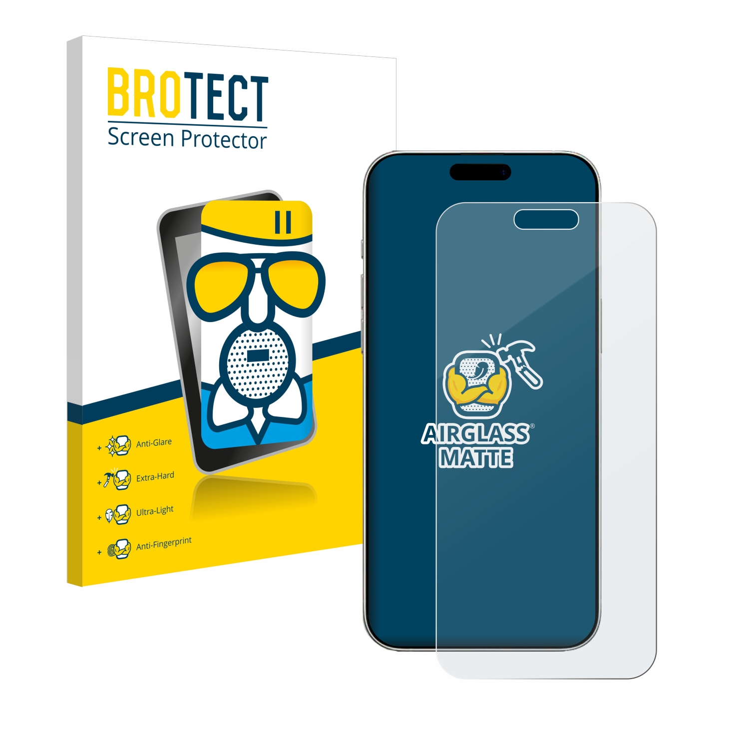 Handy-Bildschirmschutz mit Telefon rechts und Schachtel links.