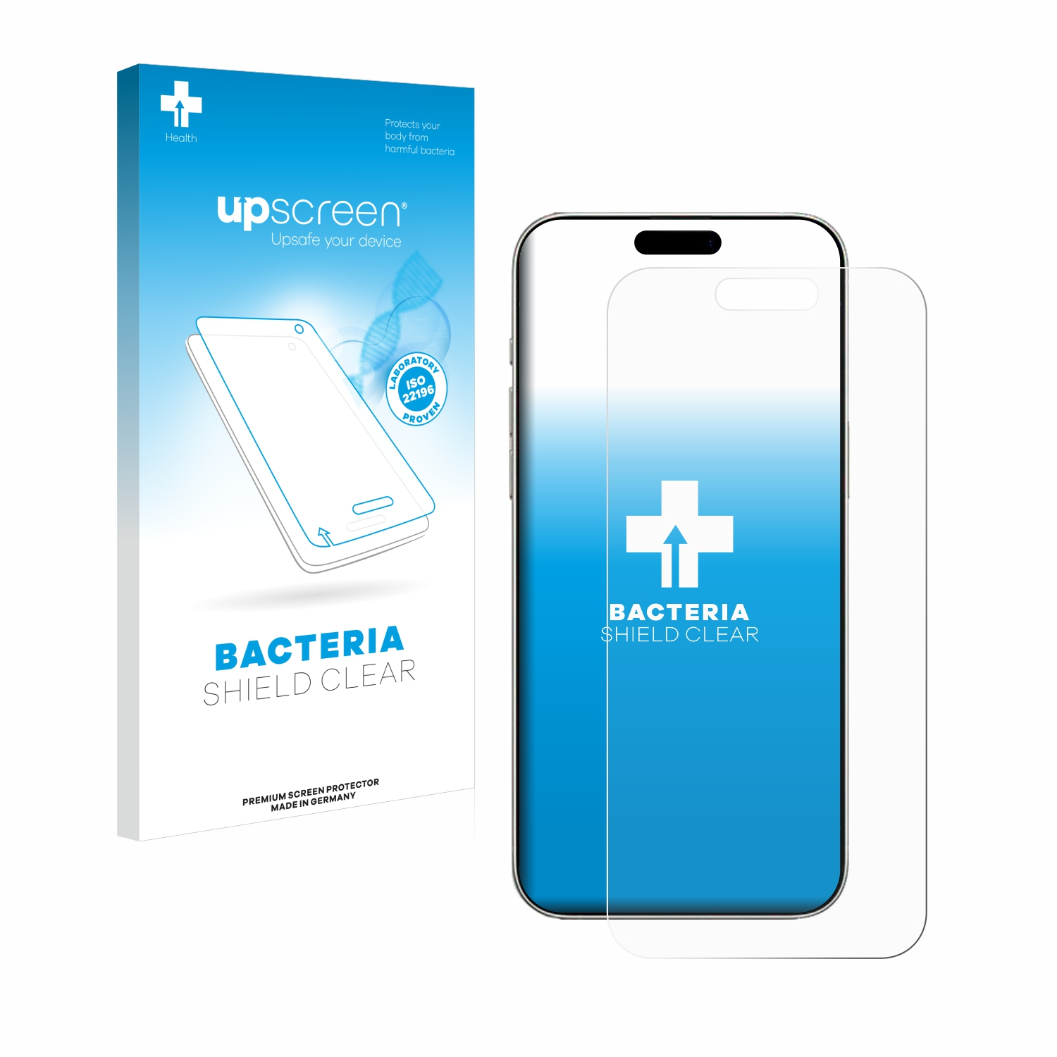 Weiße Box mit der Aufschrift 'upscreen' und 'BACTERIA SHIELD CLEAR'. Es zeigt eine Handy-Displayschutzfolie.