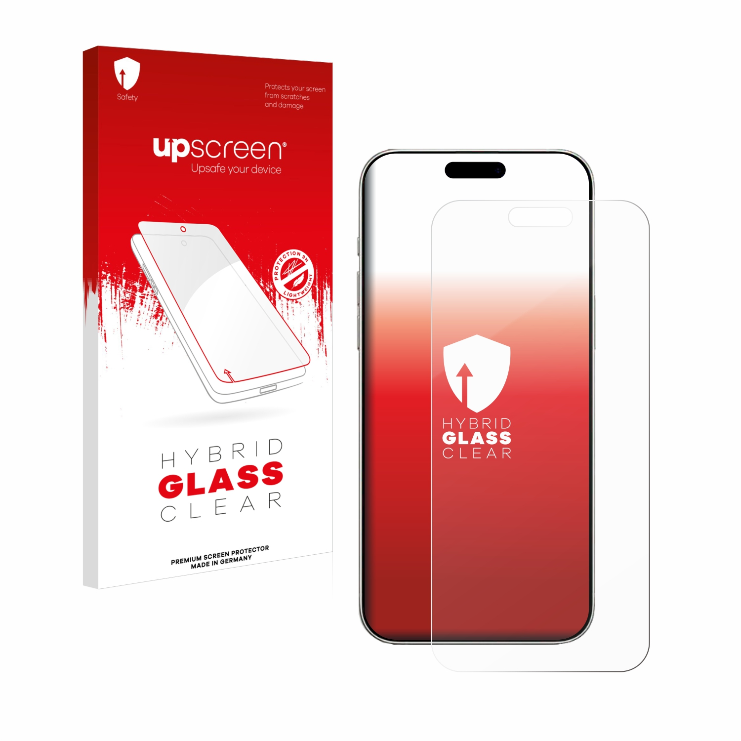Telefon-Displayschutzbox und ein Telefon mit angebrachtem Schutz. Rote und weiße Farben.