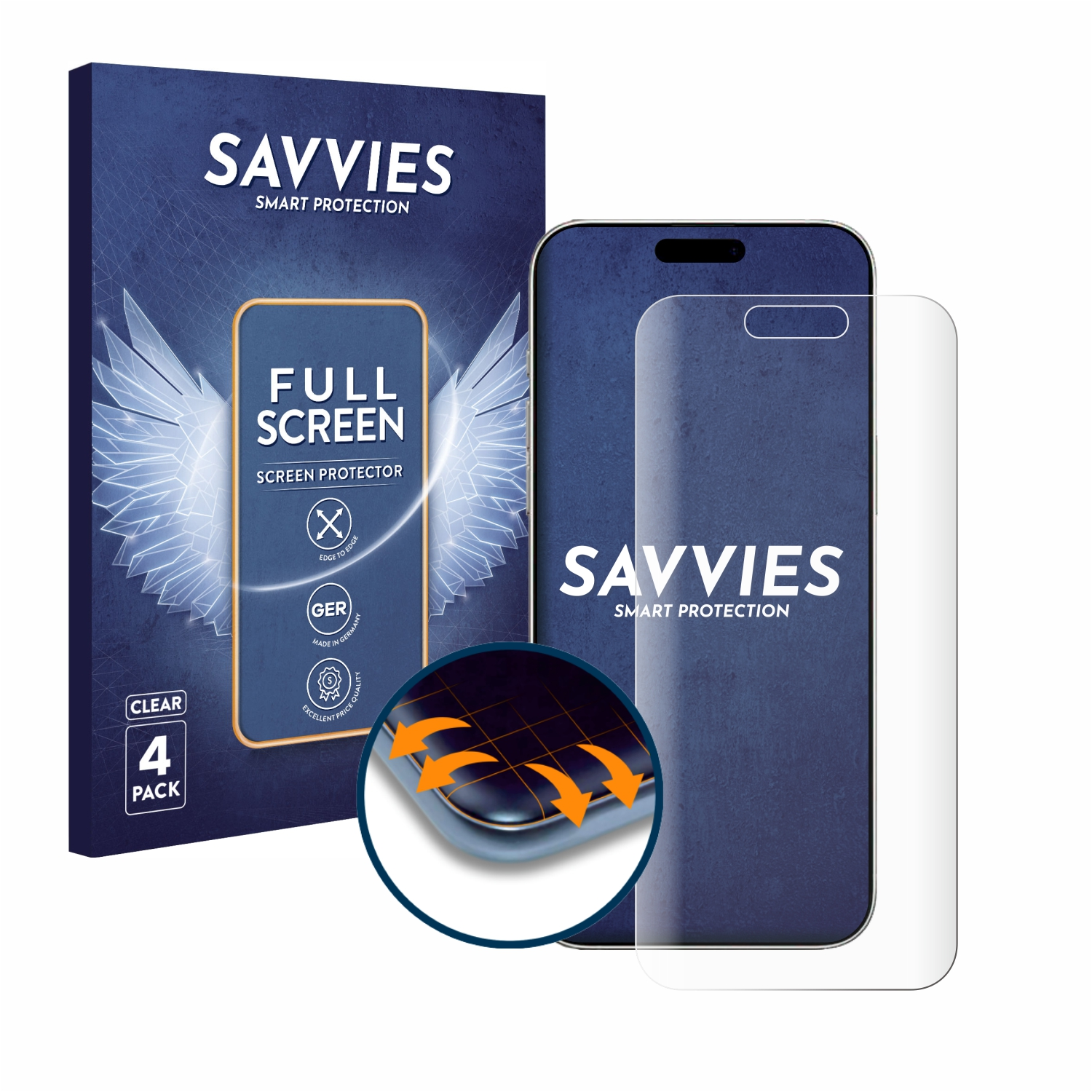 Handy-Displayschutzfolie und Schachtel auf Weiß. Die Schachtel zeigt Handy und Schutzfolie.