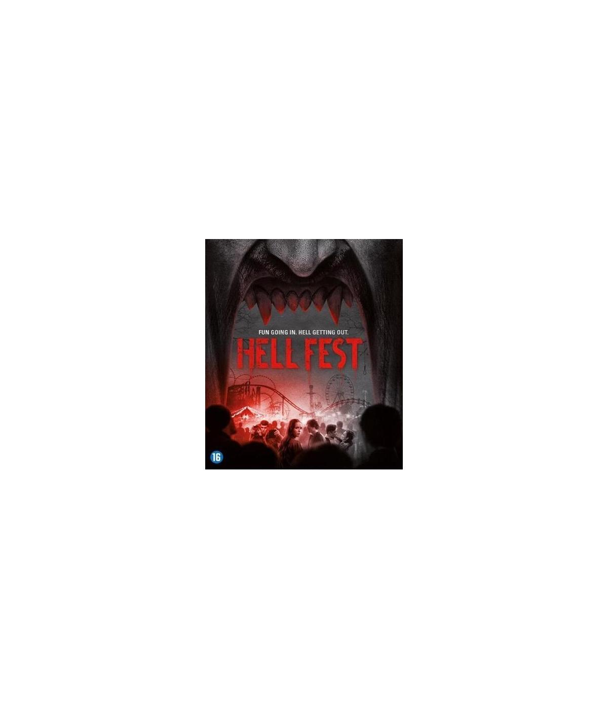 Affiche du film 'Hell Fest'. La bouche d'un monstre avec des dents pointues est ouverte. Des gens sont en arrière-plan.