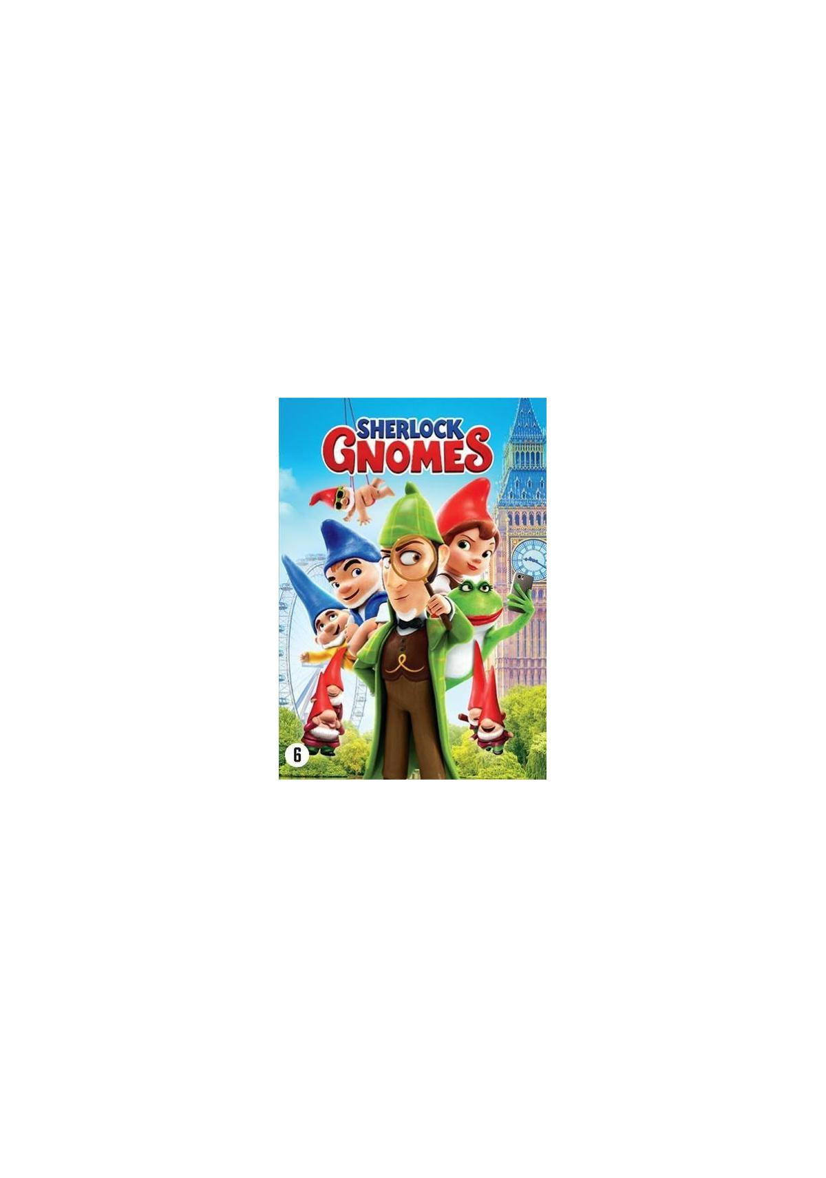 Affiche de film avec des gnomes de dessin animé, titre : Sherlock Gnomes, avec un bâtiment londonien en arrière-plan.