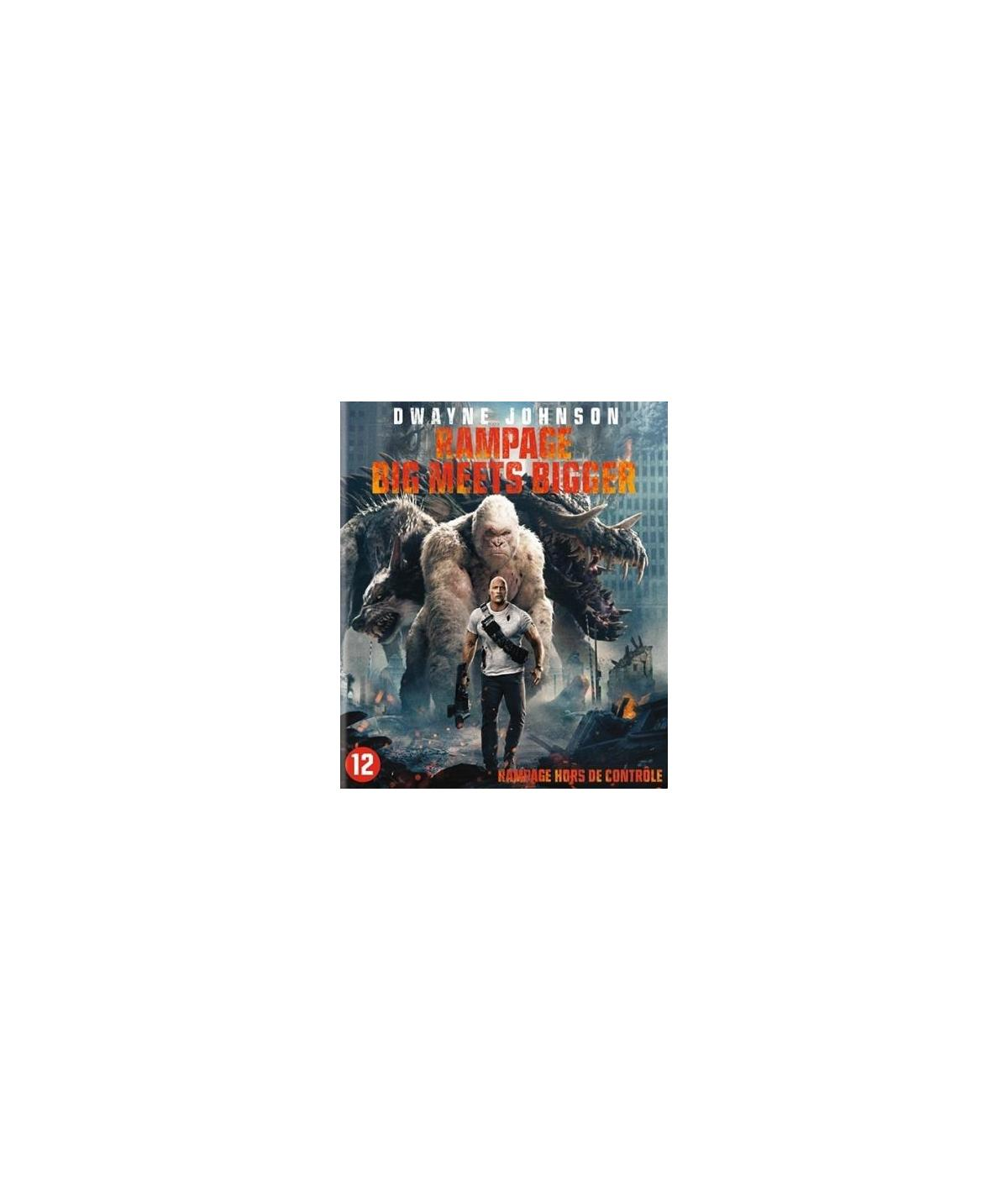 Filmposter van Rampage. Dwayne Johnson houdt een geweer vast. Monsters en wolkenkrabbers op de achtergrond.