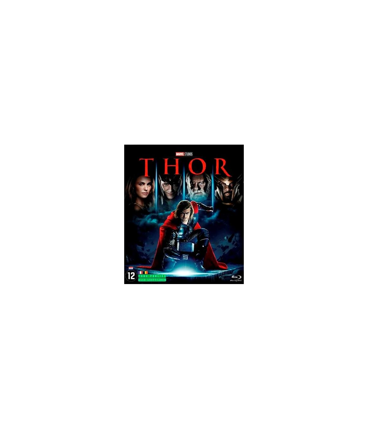 Affiche du film Thor. Quatre visages et Thor avec un marteau sur fond noir.