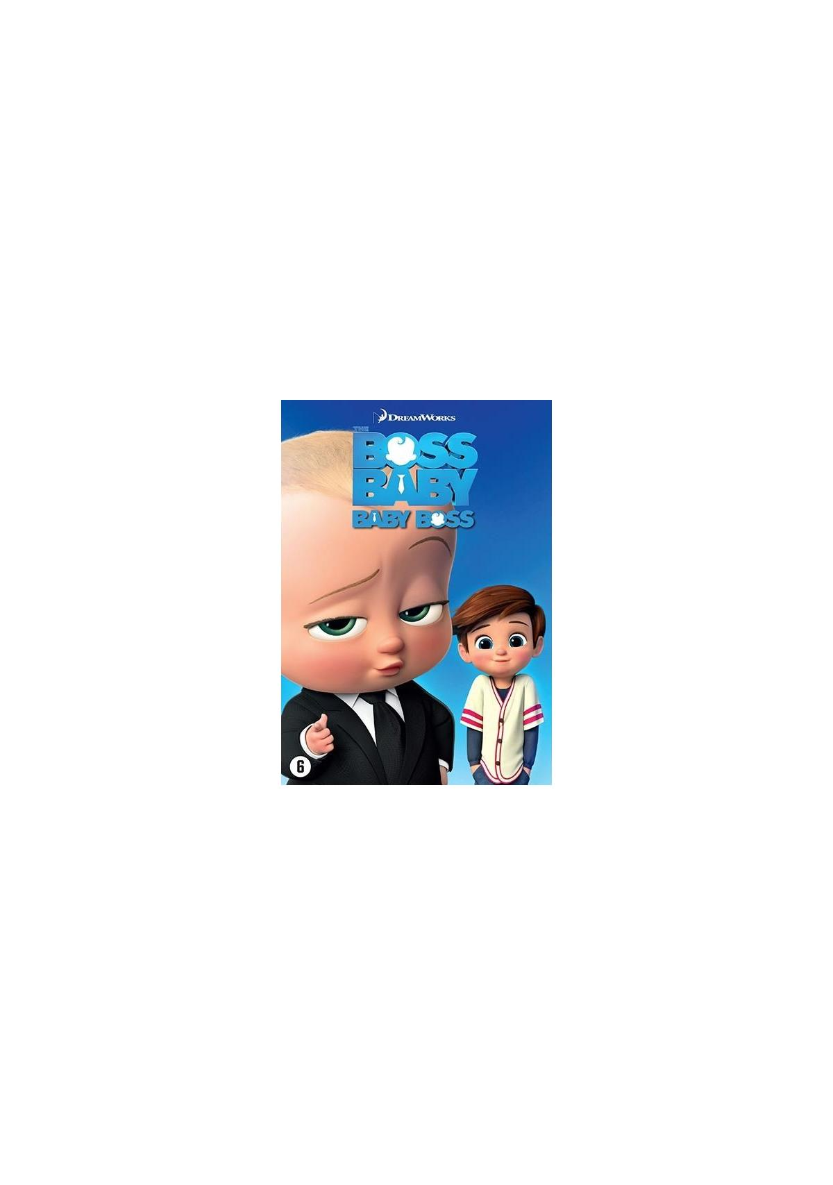 Filmover The Boss Baby. Geanimeerde baby in pak wijst, een andere jongen staat ernaast. Blauwe achtergrond.